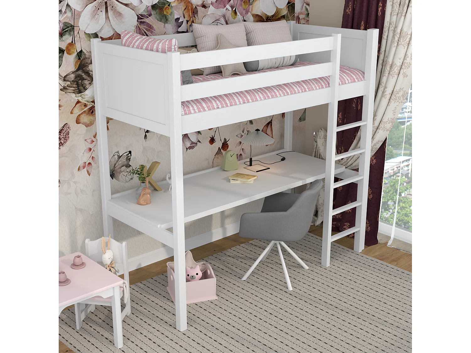 Lit mezzanine en bois - avec bureau N06 Blanc 80x200