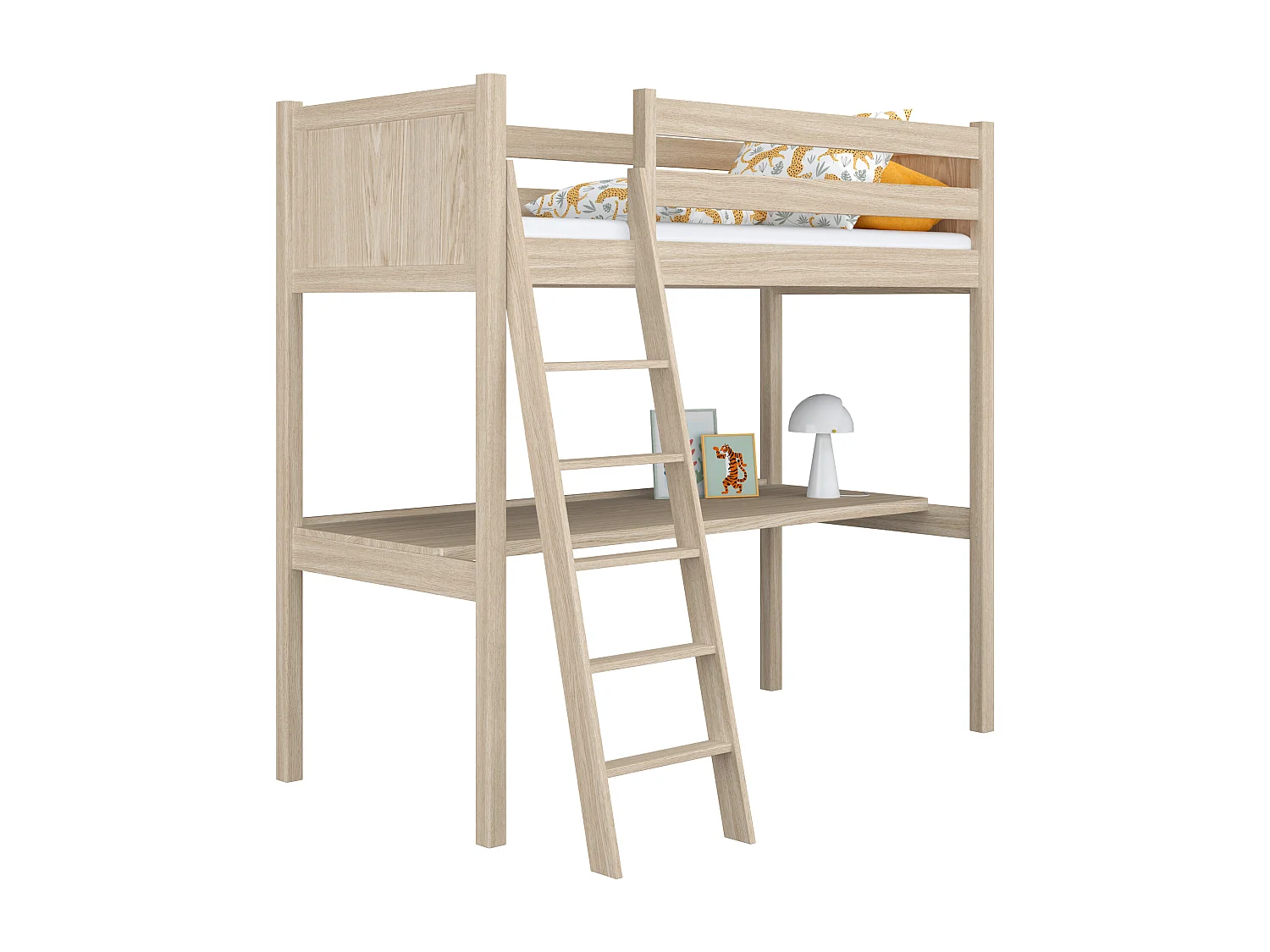 Lit mezzanine en chêne - avec bureau N04 Chêne Blanchi 90x180