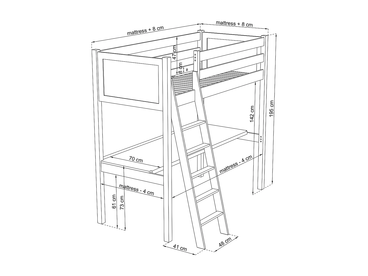Lit mezzanine en chêne - avec bureau N04 Chêne Blanchi 90x180