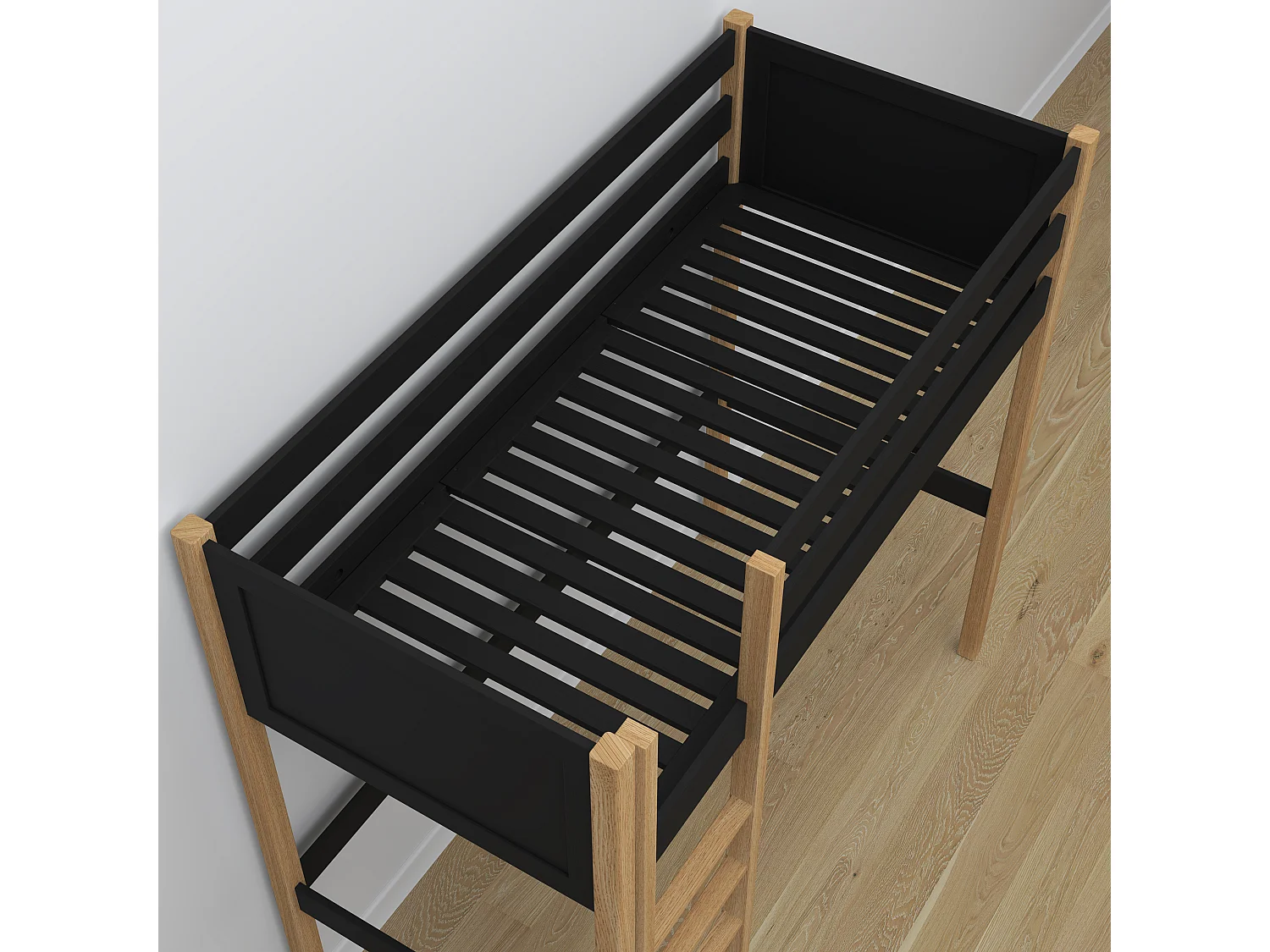 Lit mezzanine en bois - avec bureau N06 Noir / Chêne Naturel 90x200