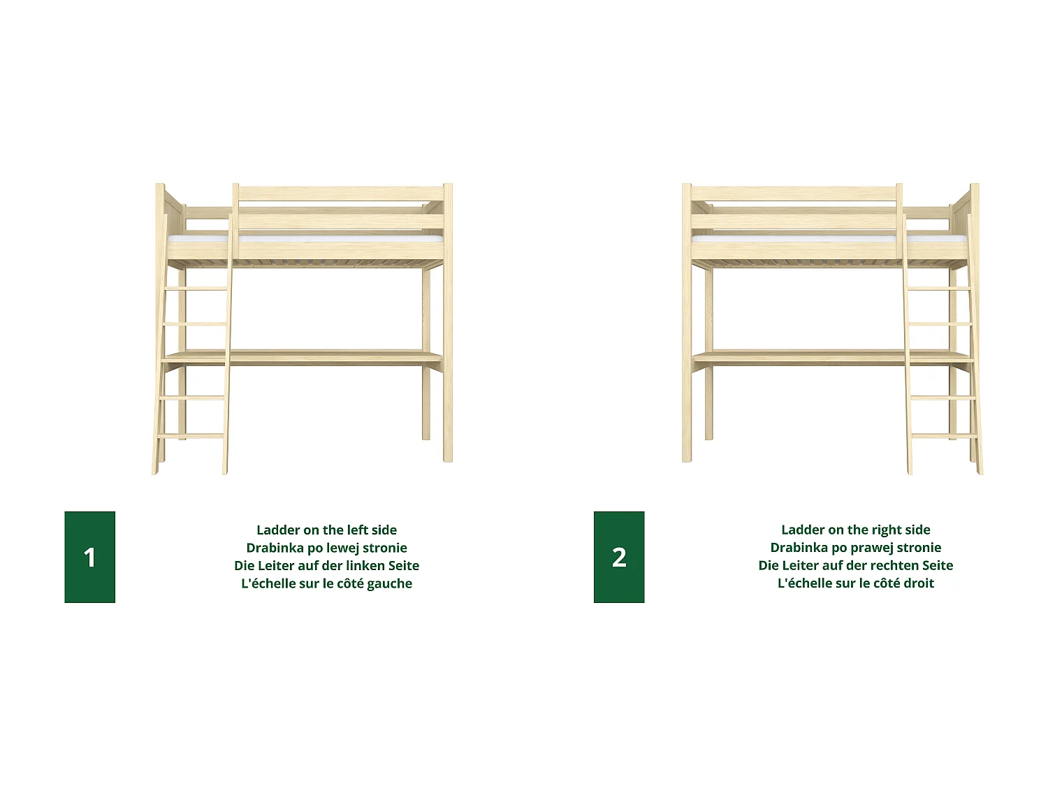 Lit mezzanine en bois - avec bureau N04 Pin Clair 120x180