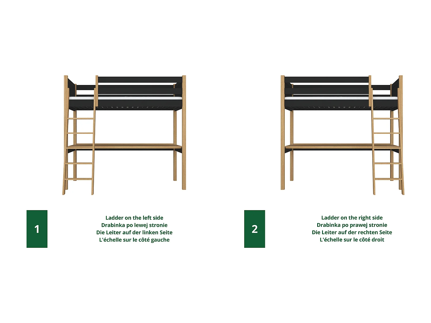 Lit mezzanine en bois - avec bureau N04 Noir / Chêne Naturel 120x180