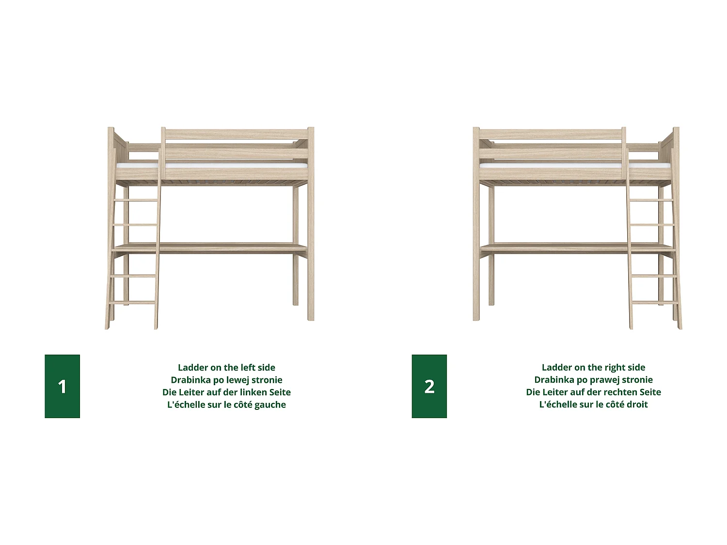 Lit mezzanine en chêne - avec bureau N04 Chêne Blanchi 120x180