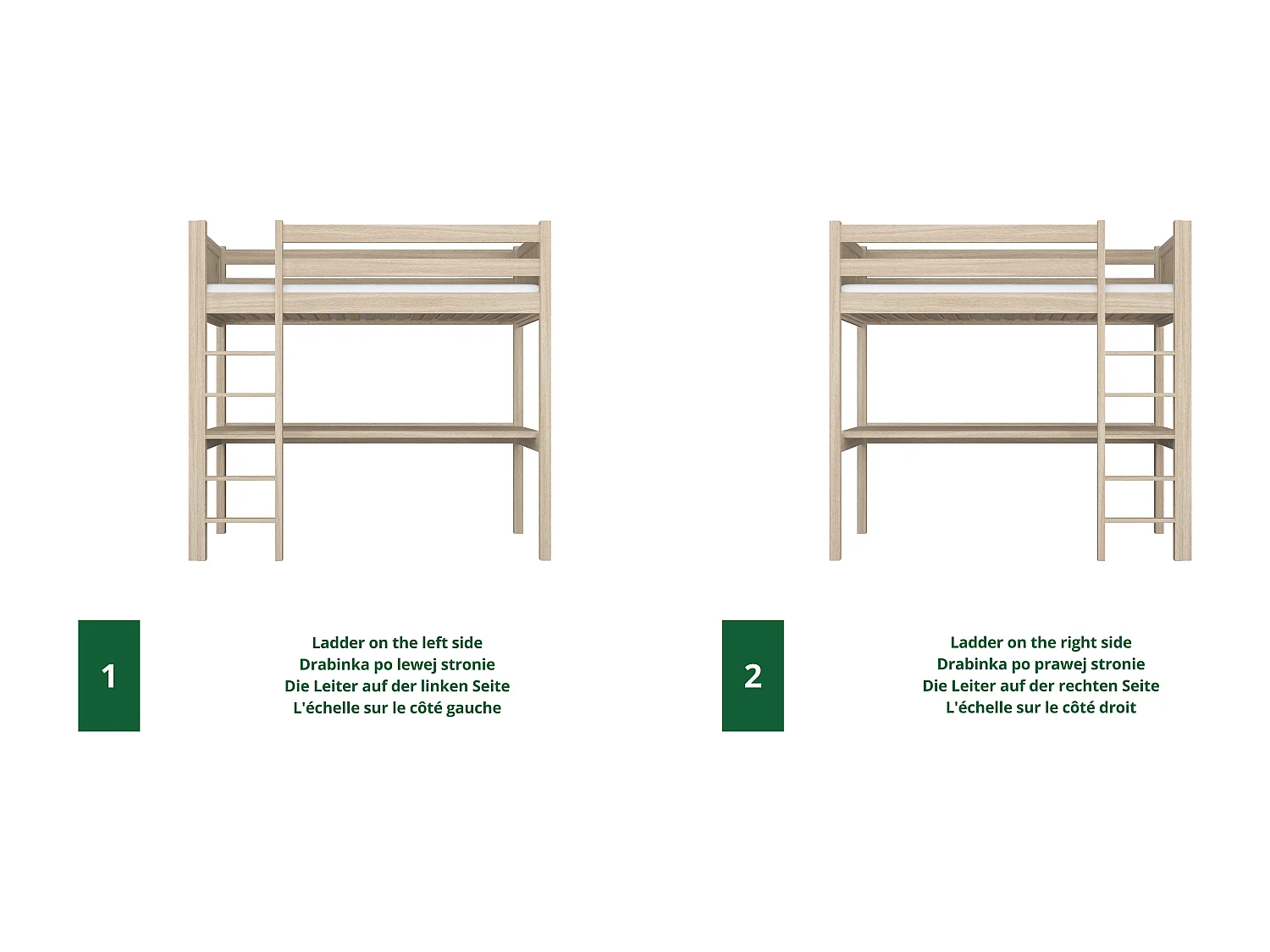 Lit mezzanine en chêne - avec bureau N06 Chêne Blanchi 120x180
