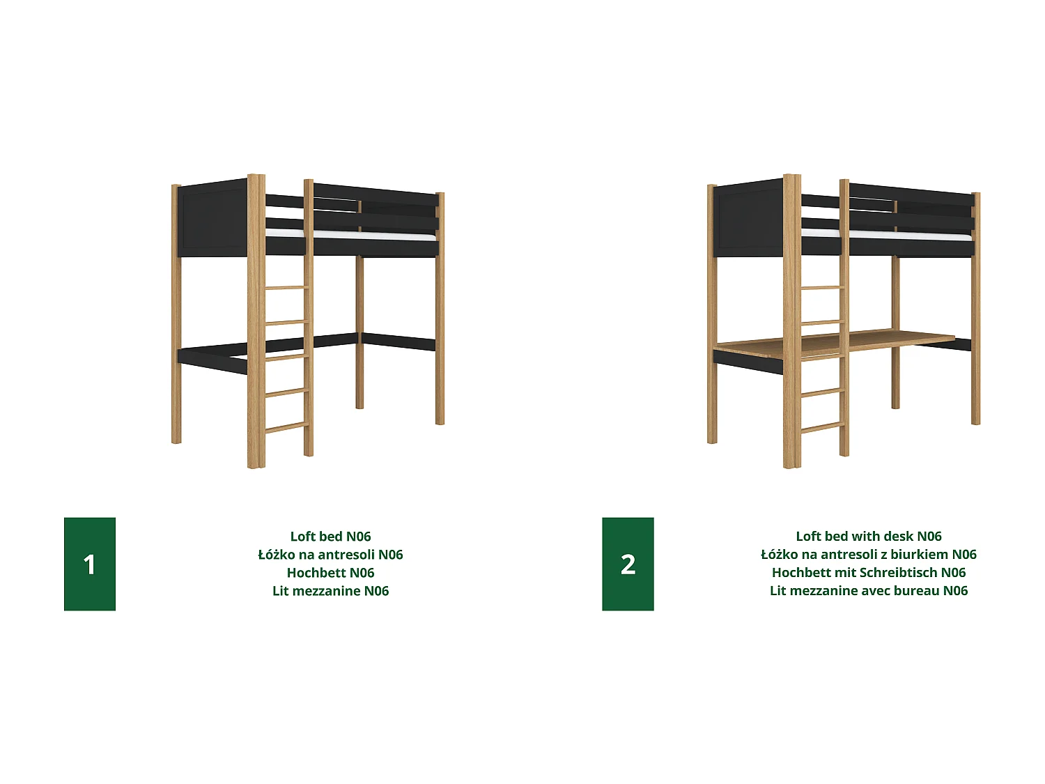 Lit mezzanine en bois - avec bureau N06 Noir / Chêne Naturel 120x180