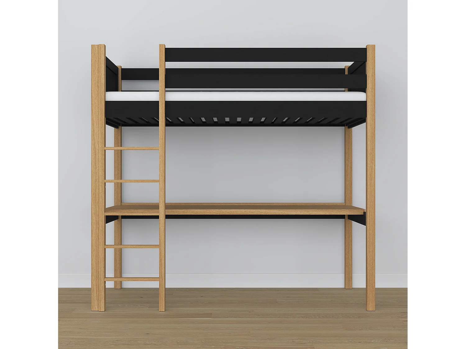 Lit mezzanine en bois - avec bureau N06 Noir / Chêne Naturel 120x180