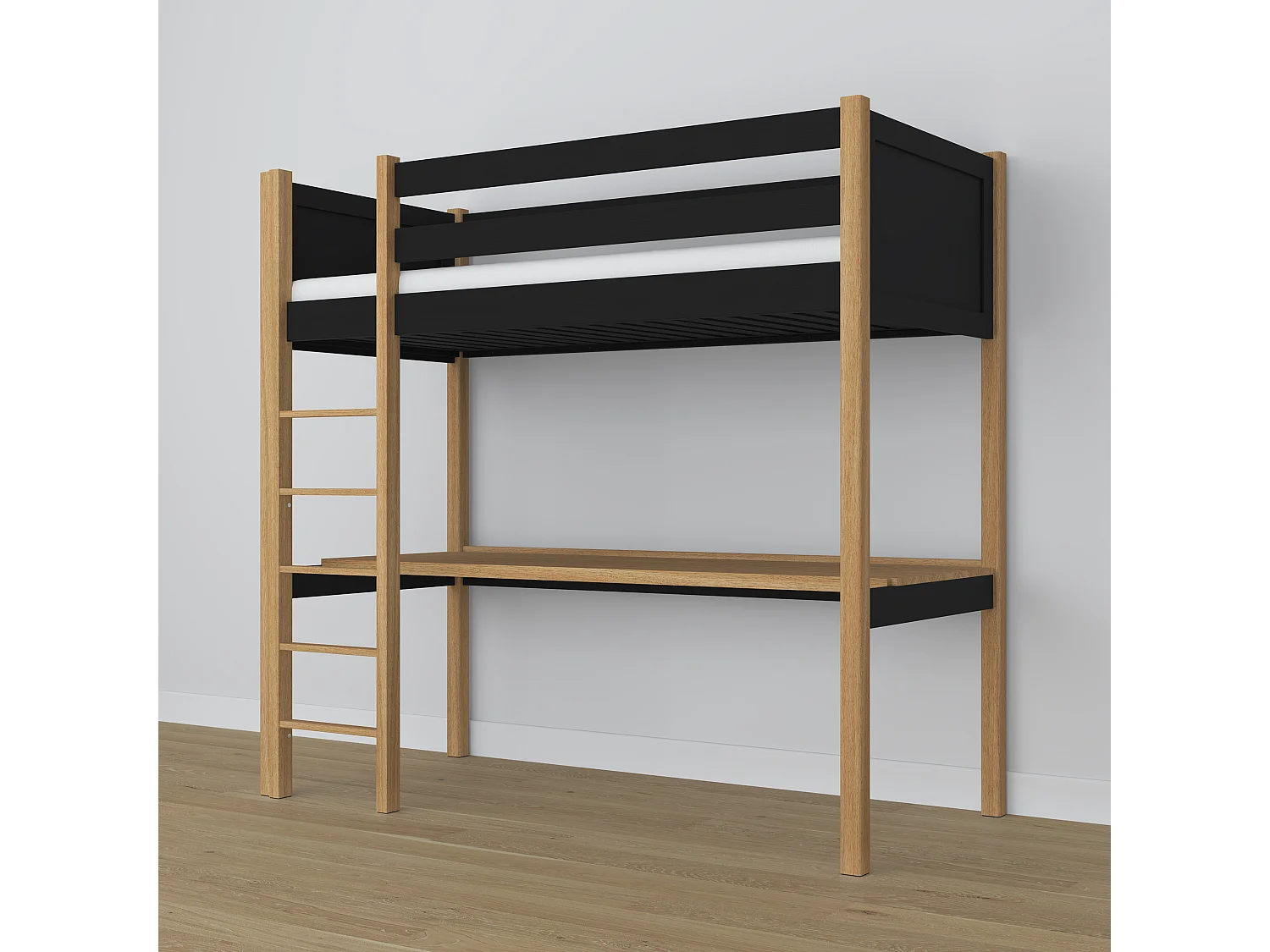Lit mezzanine en bois - avec bureau N06 Noir / Chêne Naturel 120x180