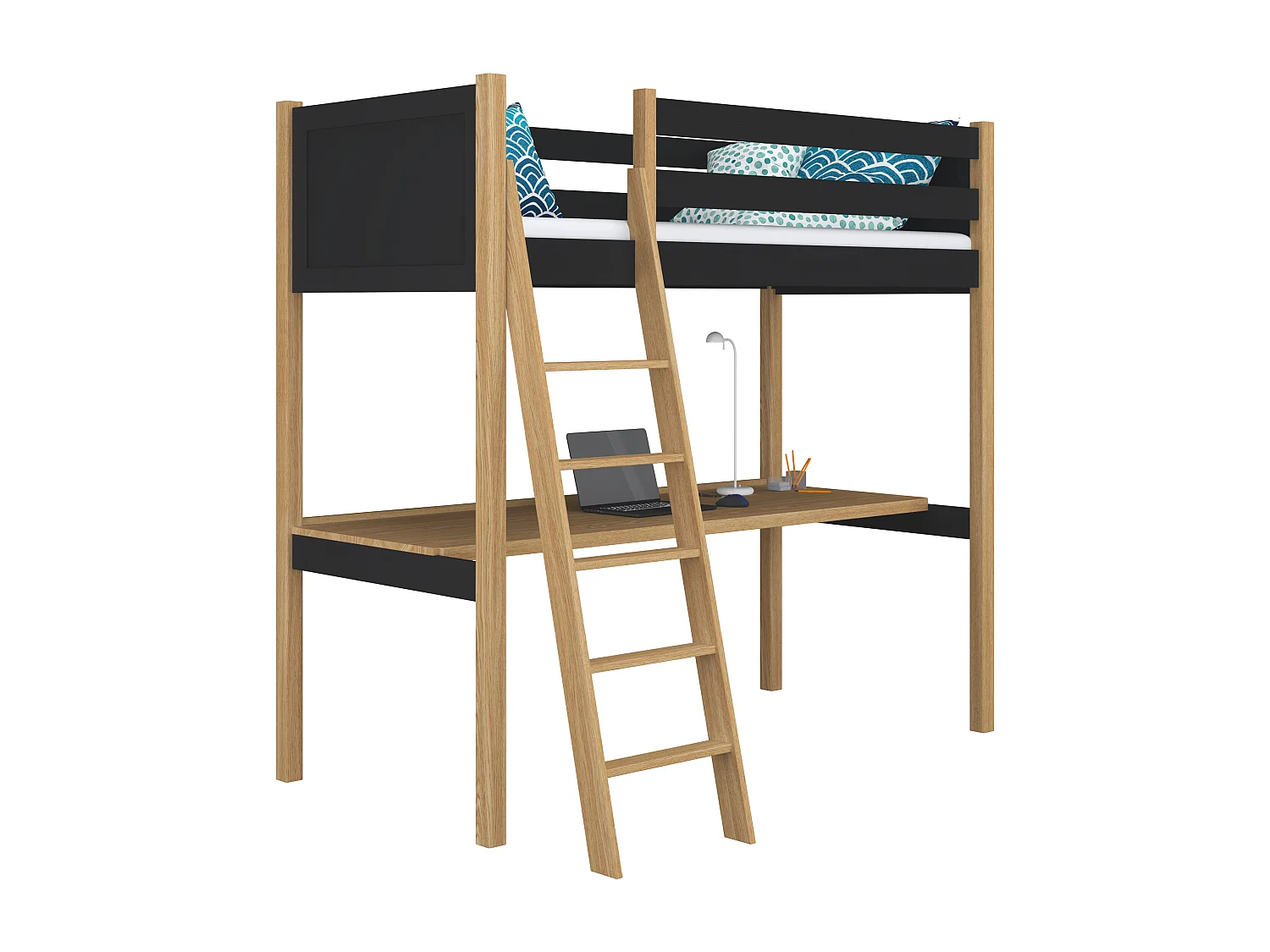 Lit mezzanine en bois - avec bureau N04 Noir / Chêne Naturel 90x200