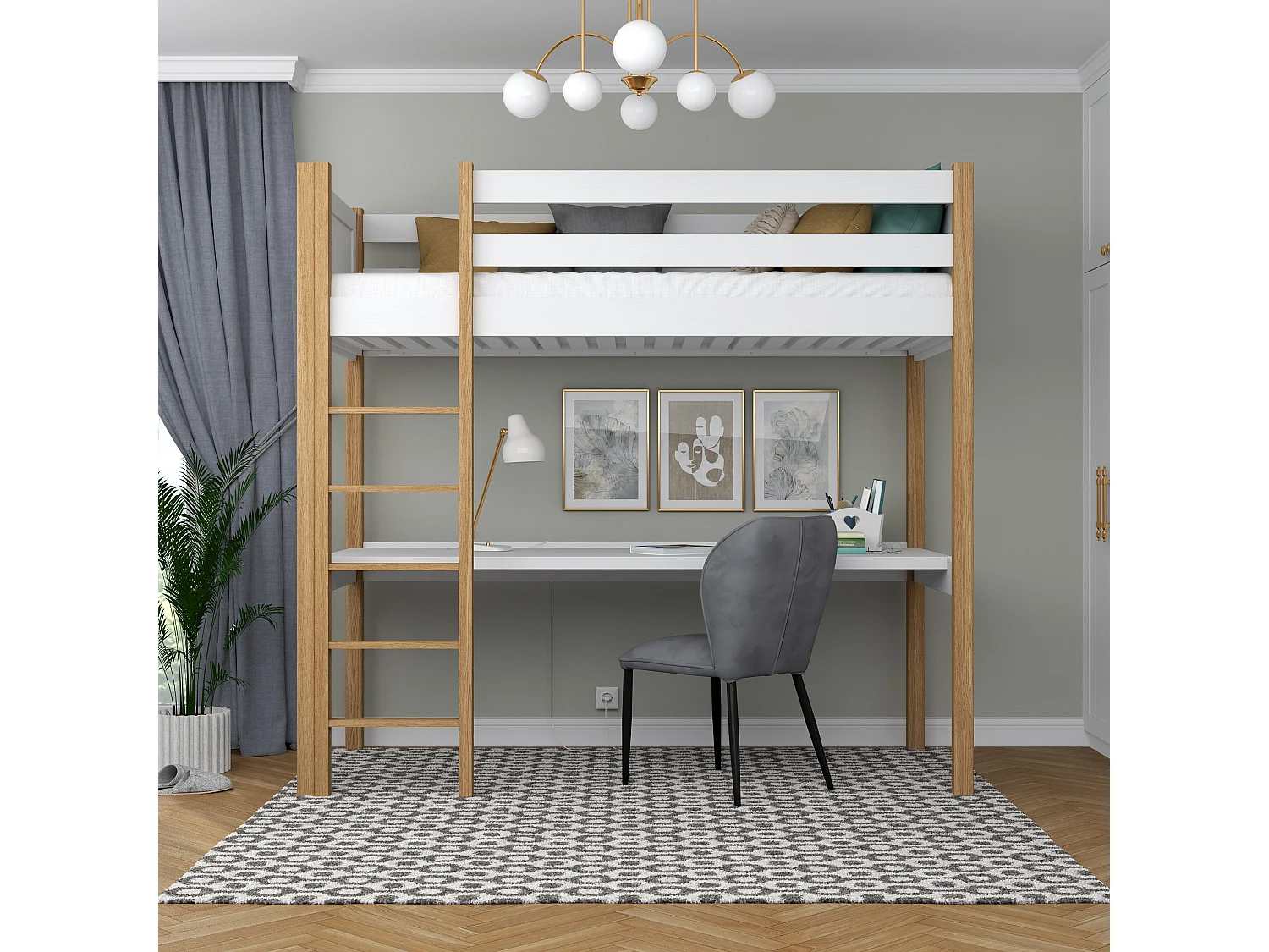 Lit mezzanine en bois - avec bureau N06 Blanc / Chêne Naturel 80x200