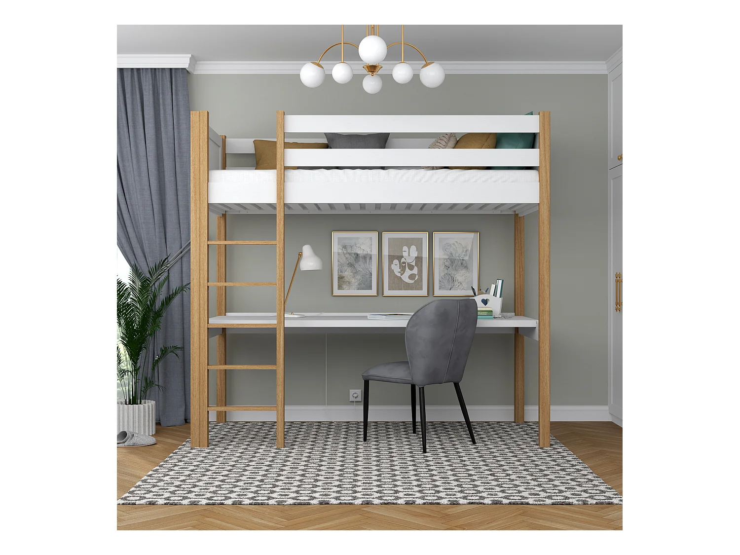 Lit mezzanine en bois - avec bureau N06 Blanc / Chêne Naturel 120x180