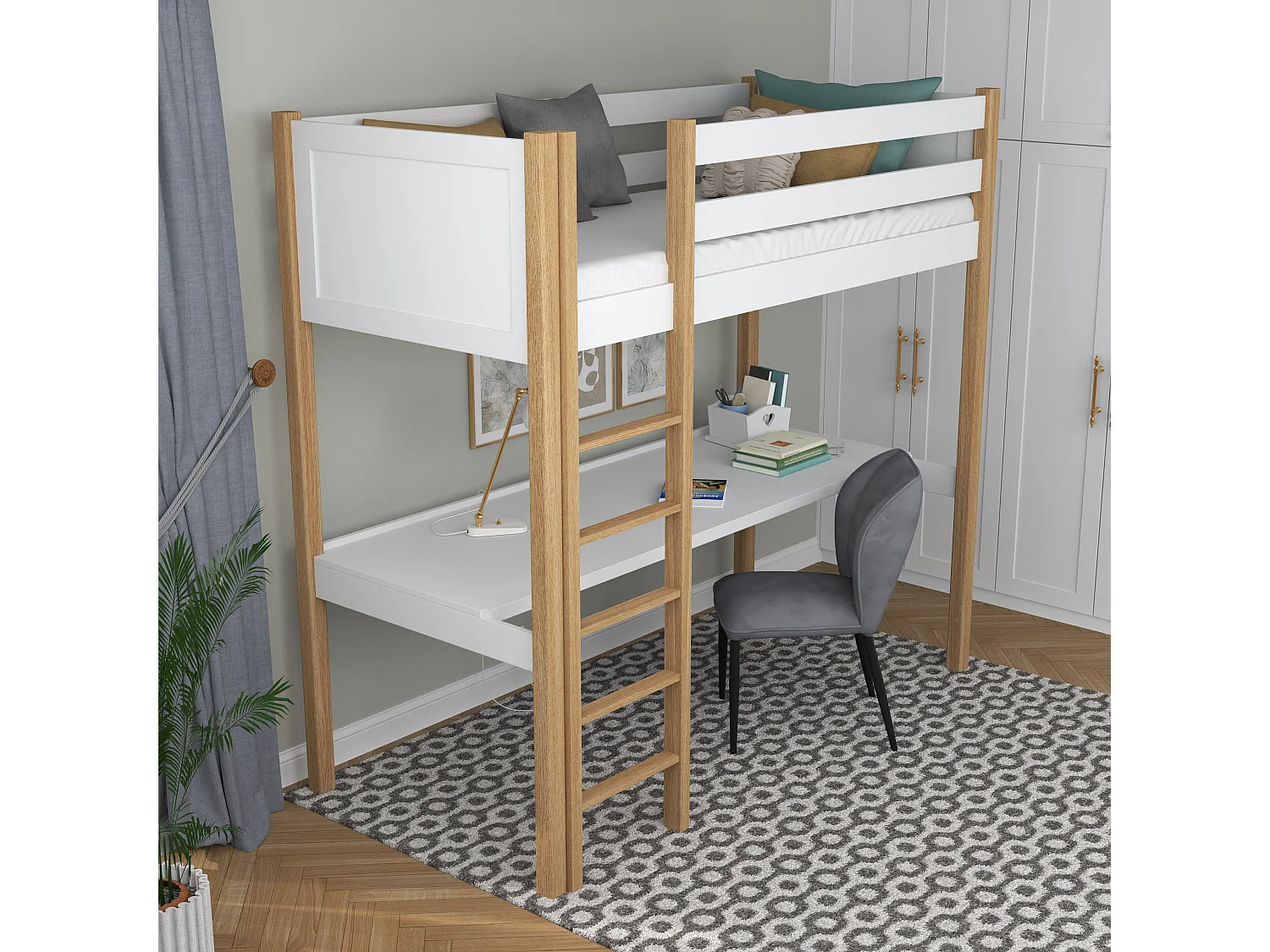 Lit mezzanine en bois - avec bureau N06 Blanc / Chêne Naturel 120x180