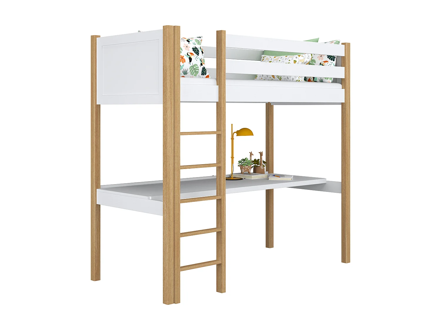 Lit mezzanine en bois - avec bureau N06 Blanc / Chêne Naturel 120x180