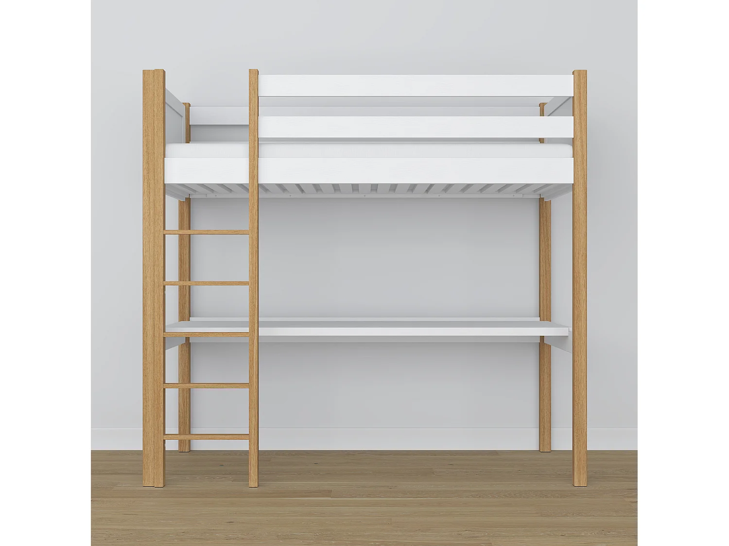 Lit mezzanine en bois - avec bureau N06 Blanc / Chêne Naturel 120x180