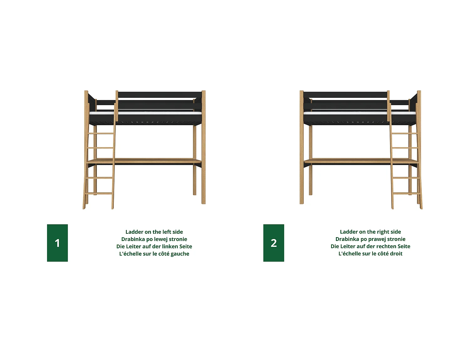 HOCHBETT N04 mit Schreibtisch Schwarz / Eiche Natur 80x190