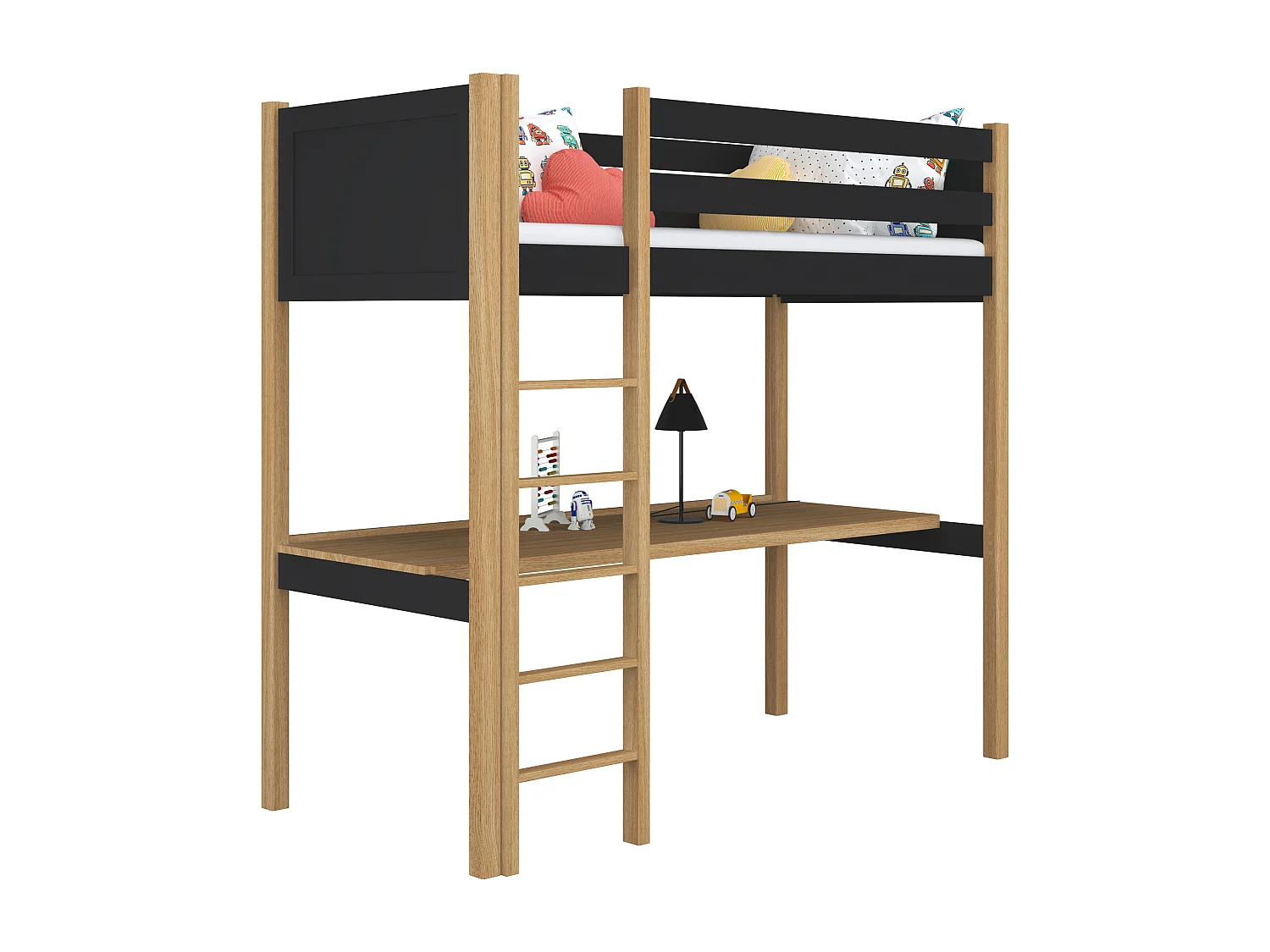 Lit mezzanine en bois - avec bureau N06 Noir / Chêne Naturel 80x190