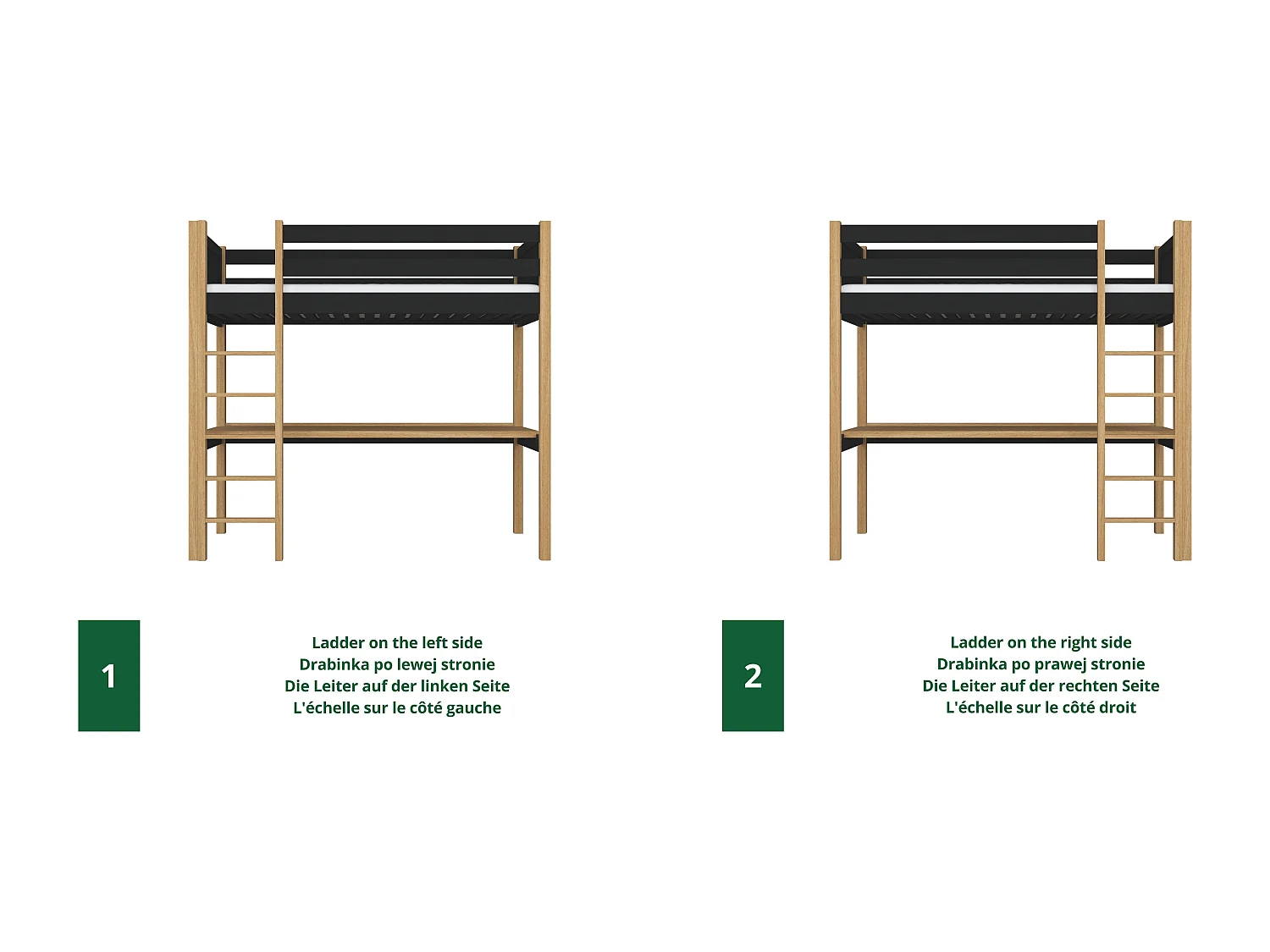 Lit mezzanine en bois - avec bureau N06 Noir / Chêne Naturel 80x190