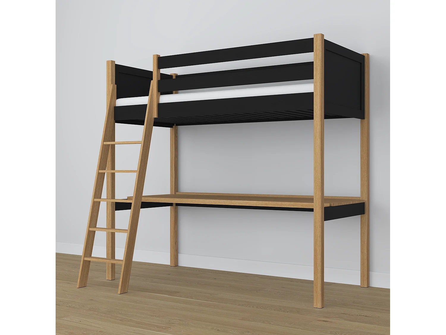 Lit mezzanine en bois - avec bureau N04 Noir / Chêne Naturel 90x190