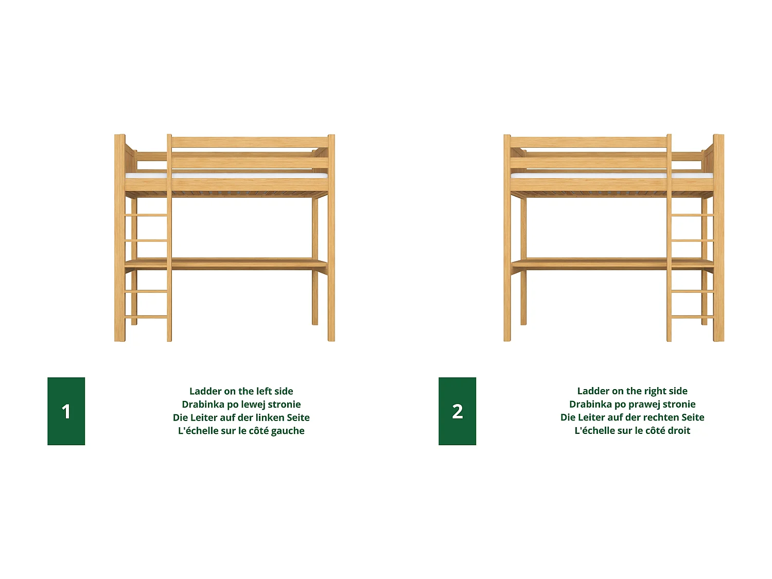 Lit mezzanine en bois - avec bureau N06 Pin Naturel 120x180