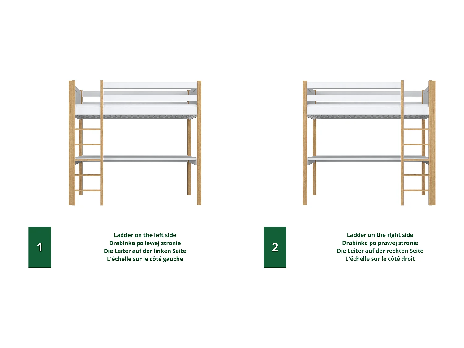 Lit mezzanine en bois - avec bureau N06 Blanc / Chêne Naturel 80x180