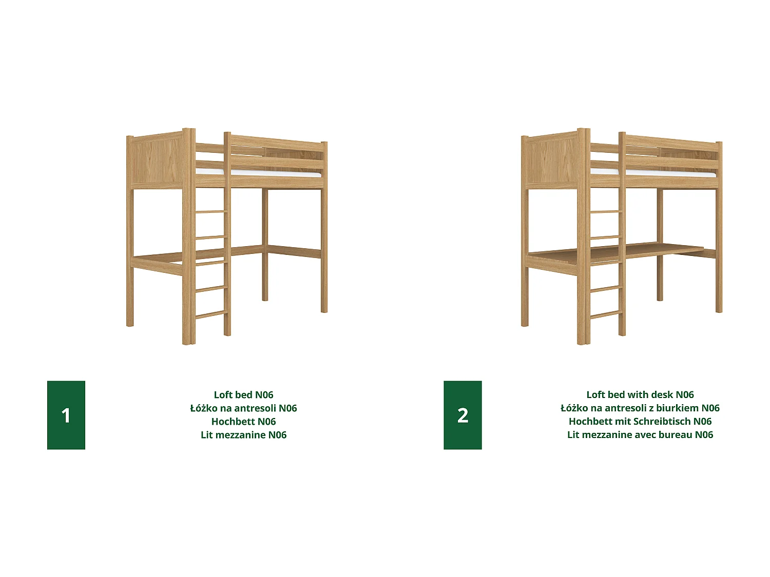 Lit mezzanine en chêne - avec bureau N06 Chêne Naturel 90x180