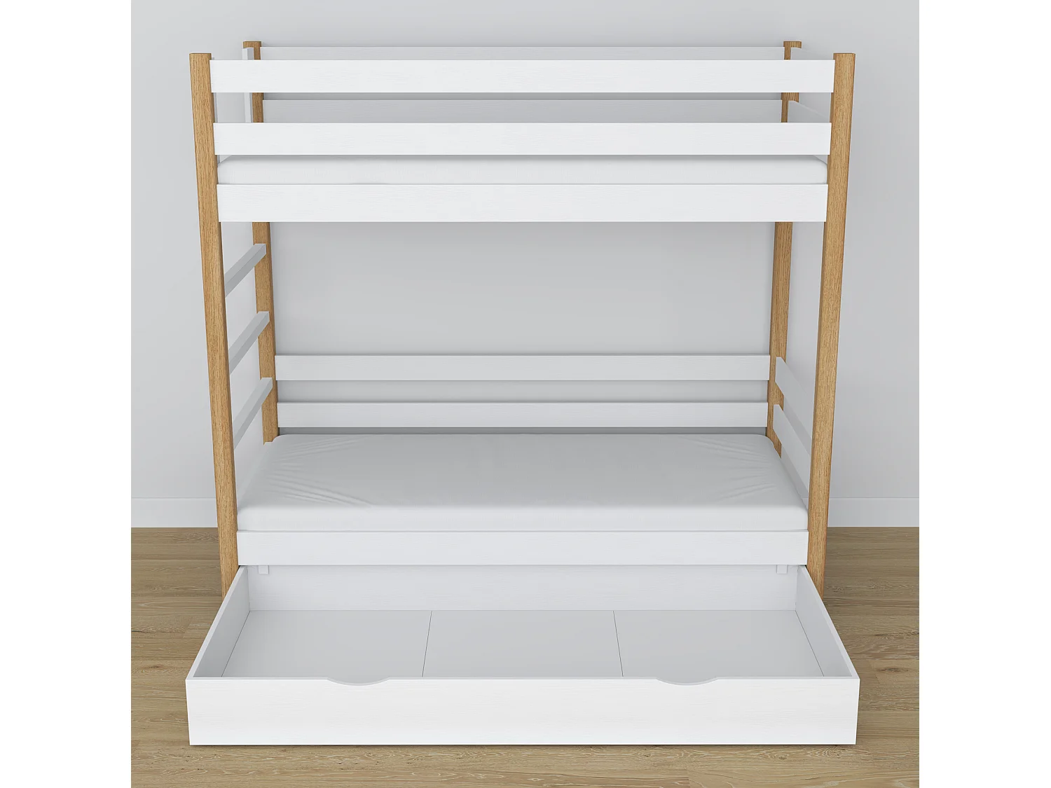 Lit superposé en bois - avec tiroir N03 Blanc / Chêne Naturel 80x200