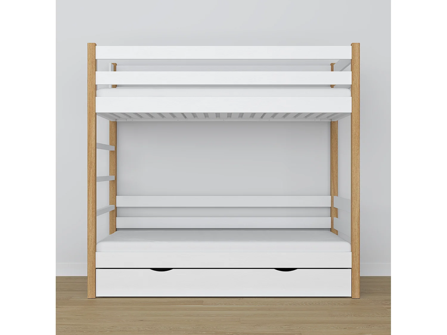 Lit superposé en bois - avec tiroir N03 Blanc / Chêne Naturel 80x190