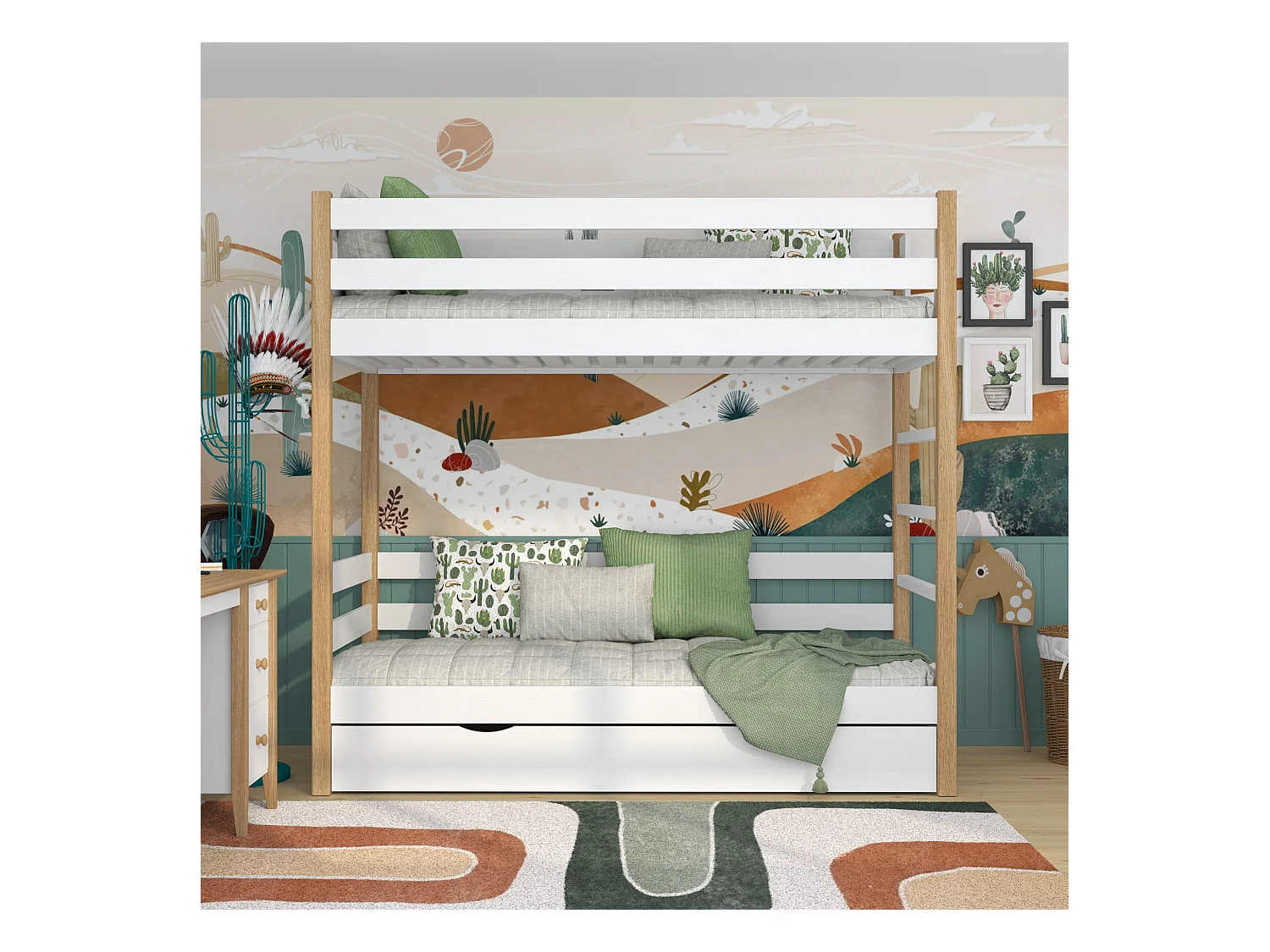 Lit superposé en bois - avec tiroir N03 Blanc / Chêne Naturel 90x180