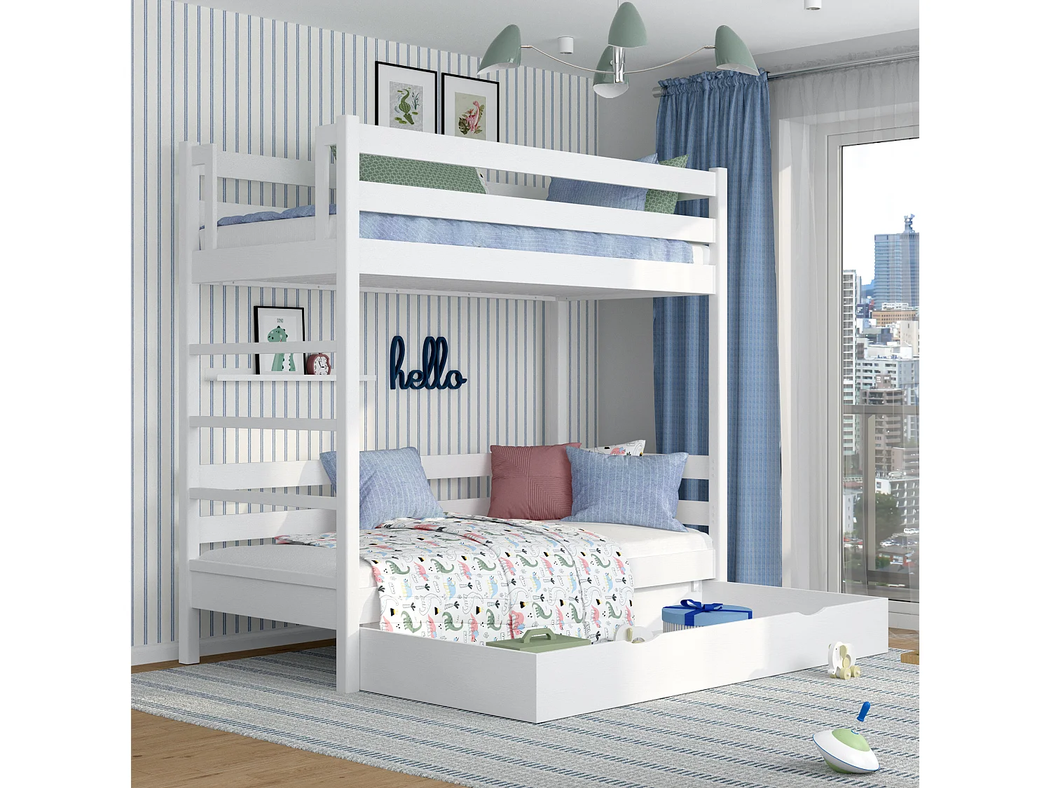 Lit superposé en bois - avec tiroir N03 Blanc 90x180