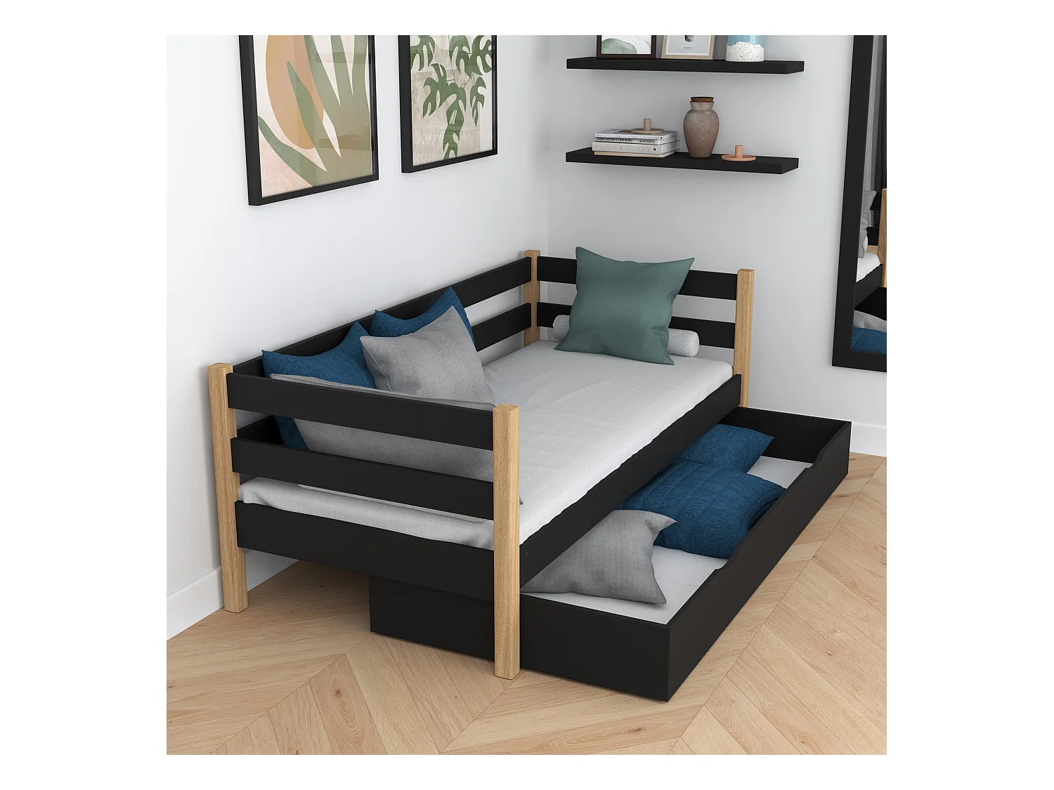 Lit banquette en bois - avec tiroir N01 Noir / Chêne Naturel 80x180