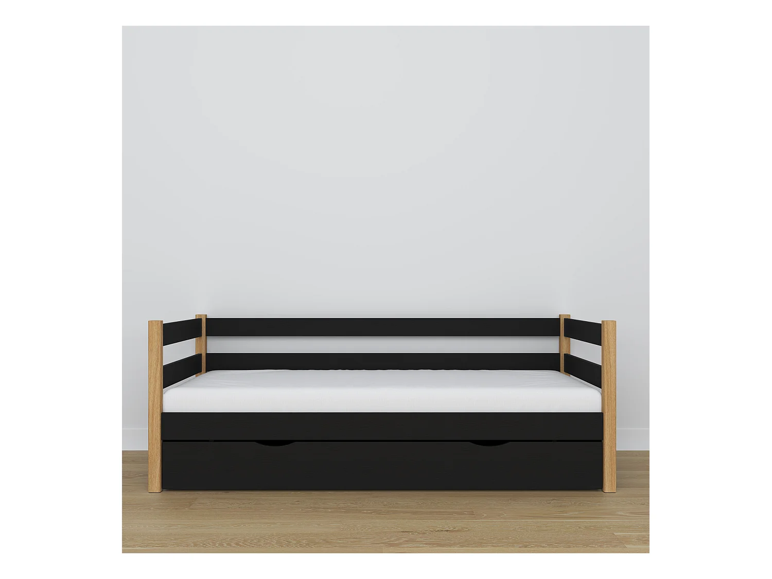 Lit banquette en bois - avec tiroir N01 Noir / Chêne Naturel 80x180