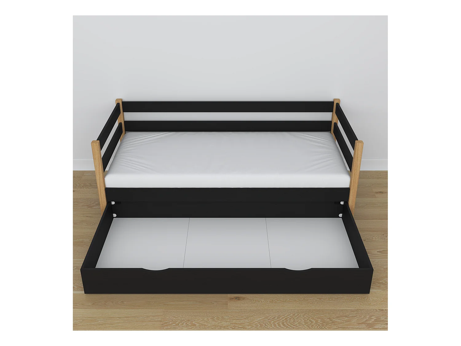 Lit banquette en bois - avec tiroir N01 Noir / Chêne Naturel 80x180