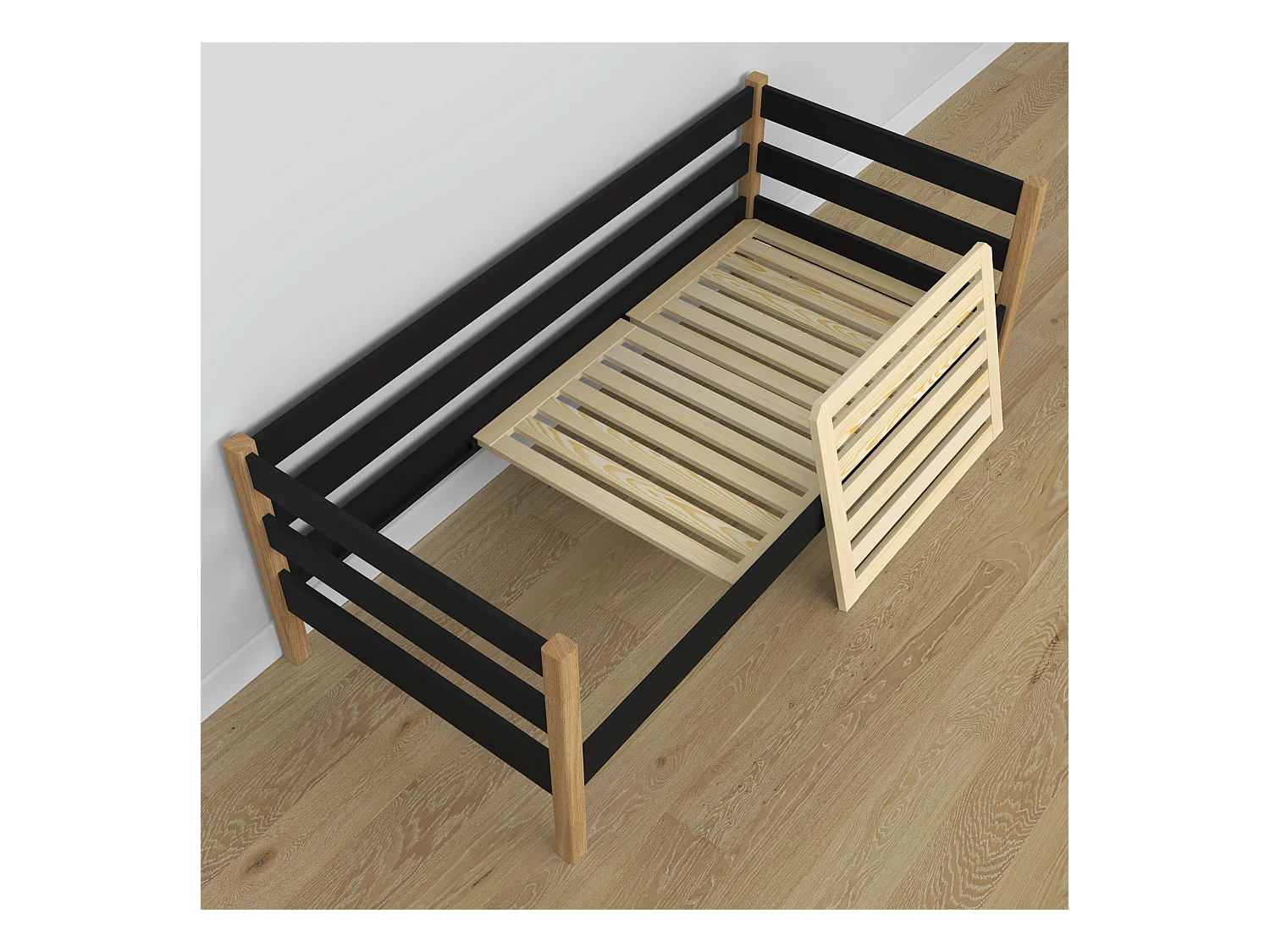 Lit banquette en bois - avec tiroir N01 Noir / Chêne Naturel 80x180