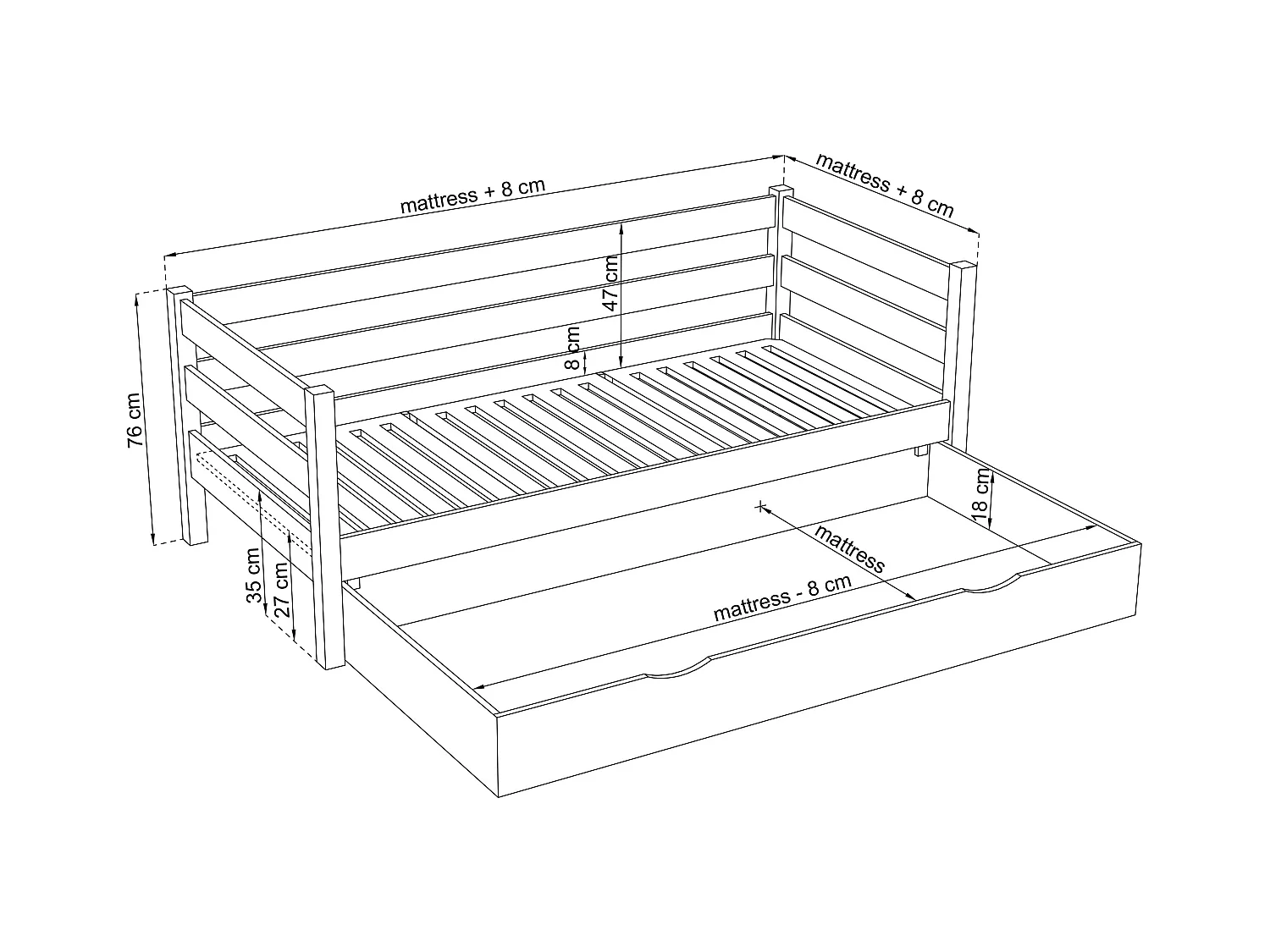 Lit banquette en bois - avec tiroir N01 Noir / Chêne Naturel 80x180
