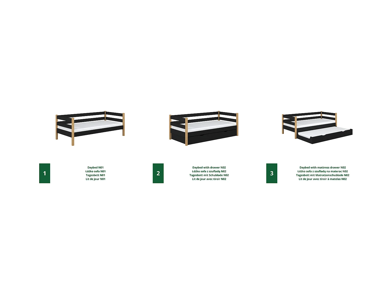 Lit banquette en bois - avec tiroir N01 Noir / Chêne Naturel 80x180