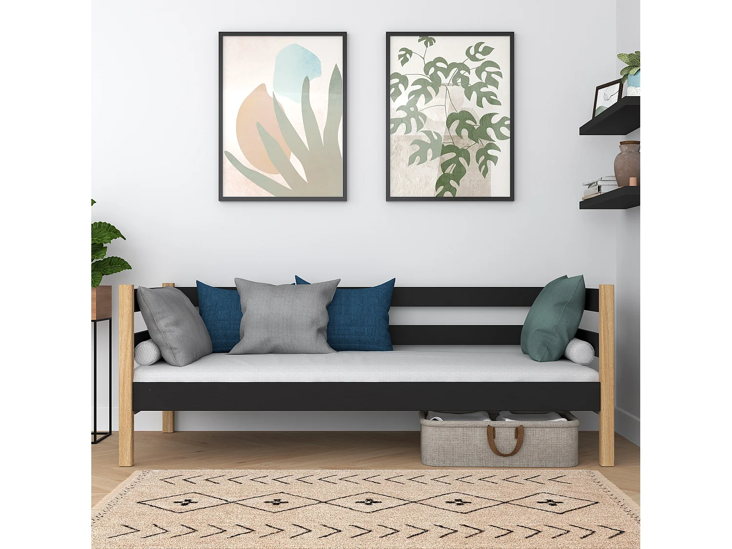 Lit banquette en bois N01 Noir / Chêne Naturel 90x200