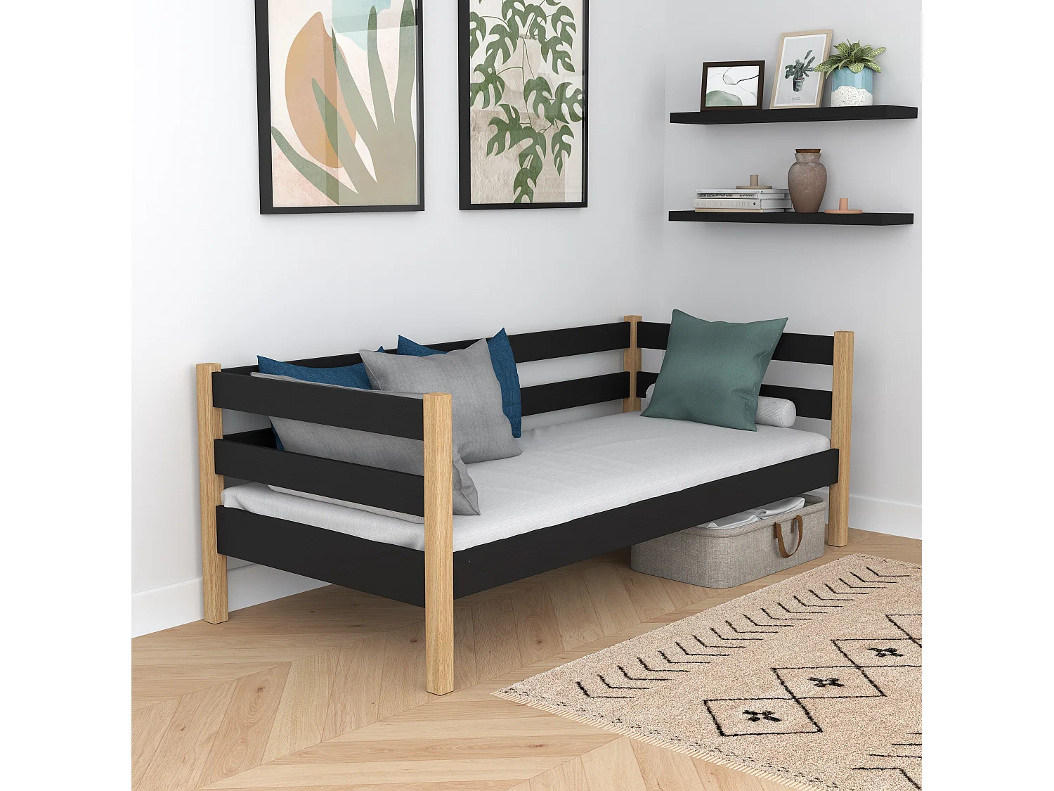 TAGESBETT Schwarz / Eiche Natur 80x180