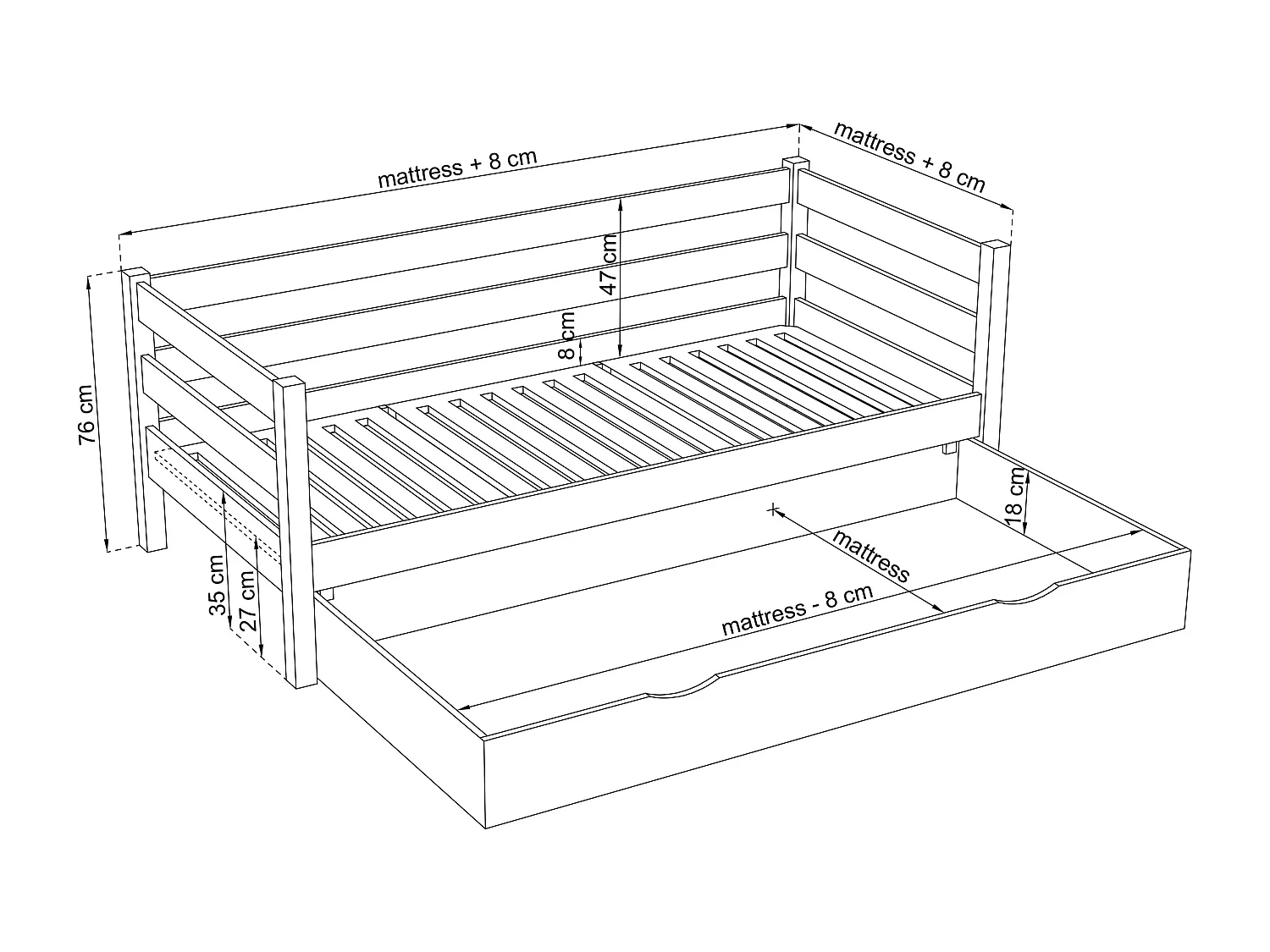 TAGESBETT mit Schublade N01 Weiß / Eiche Natur 90x180