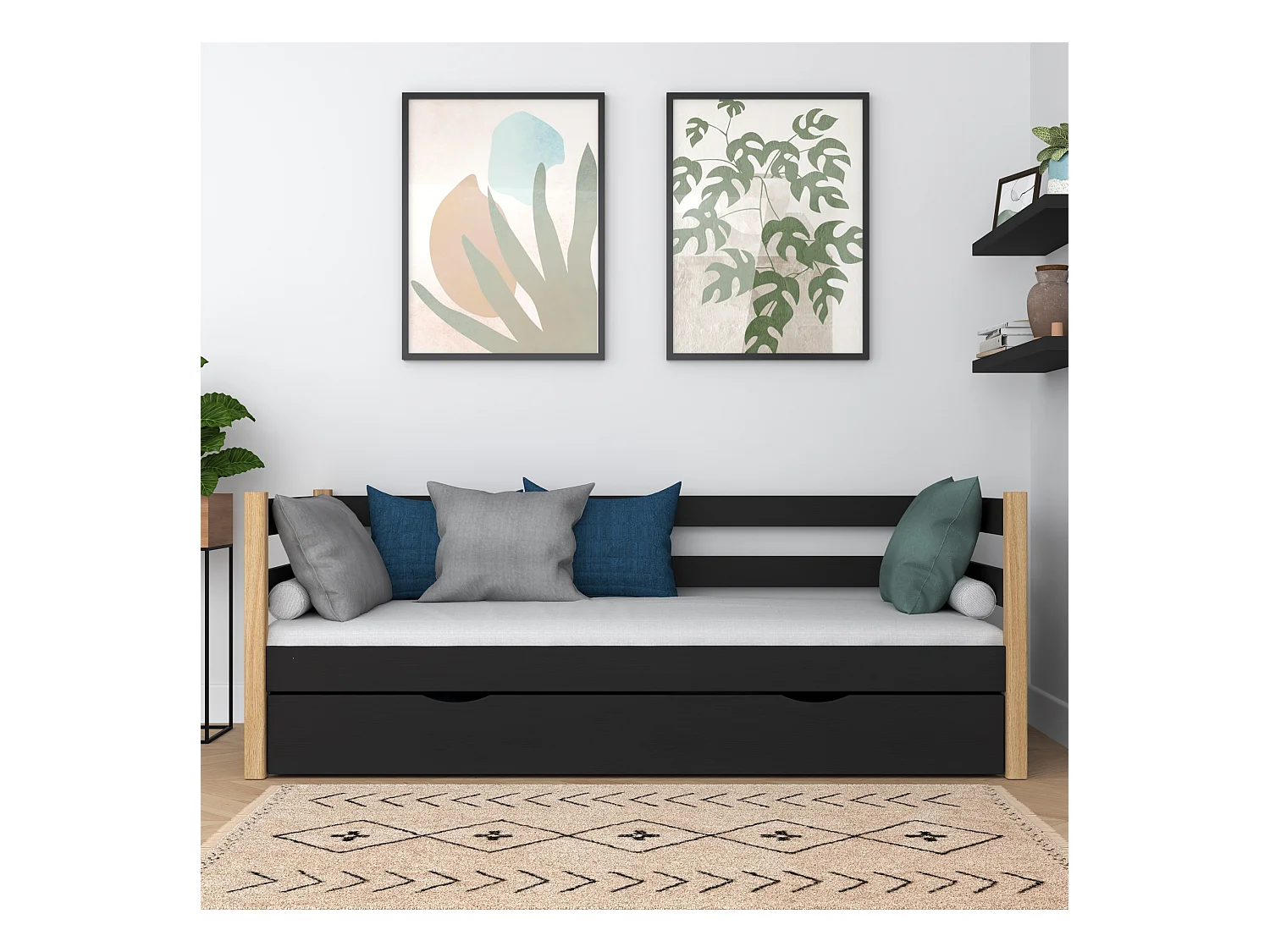 Lit banquette en bois - avec tiroir N01 Noir / Chêne Naturel 120x200