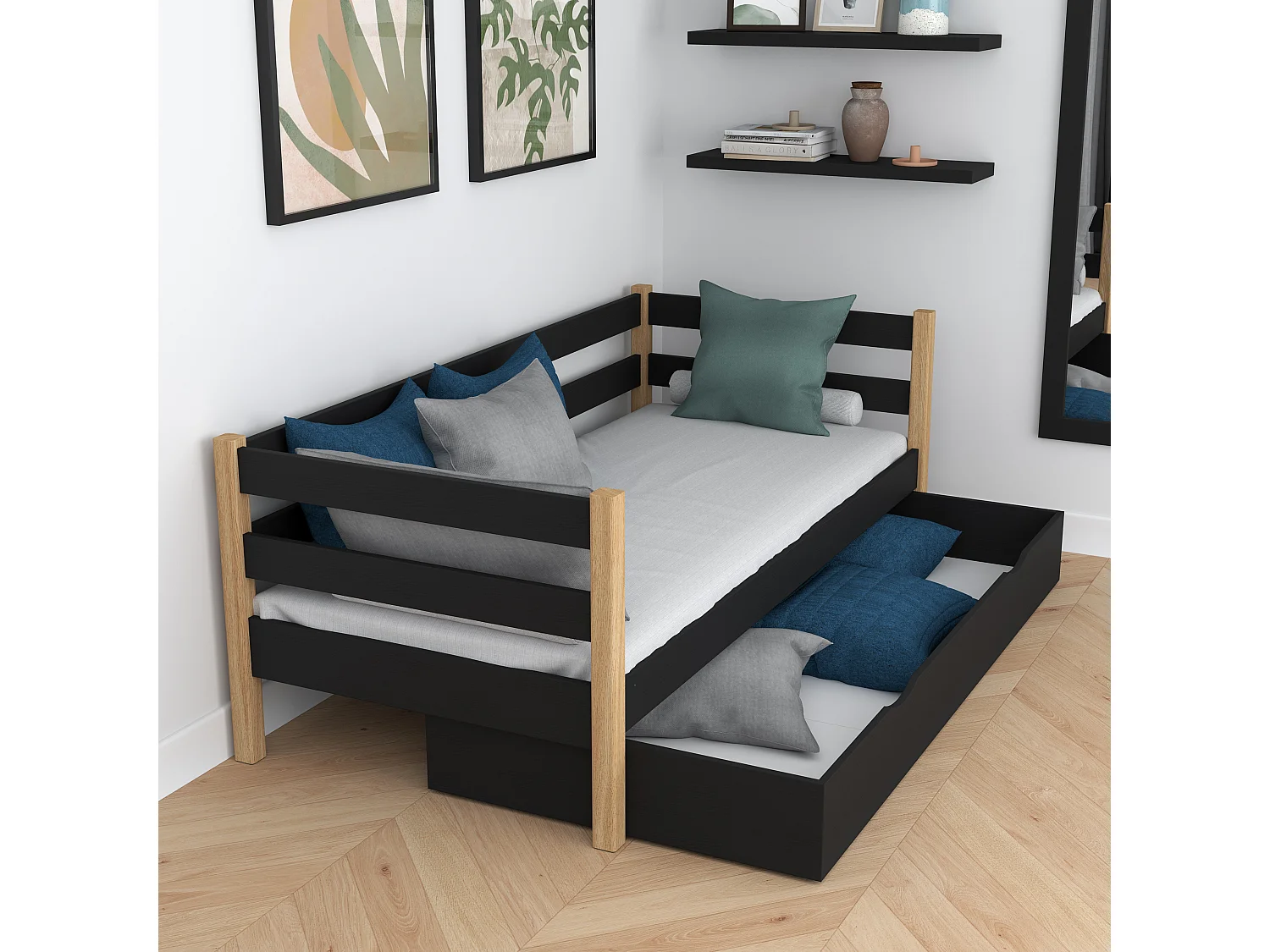 Lit banquette en bois - avec tiroir N01 Noir / Chêne Naturel 120x200