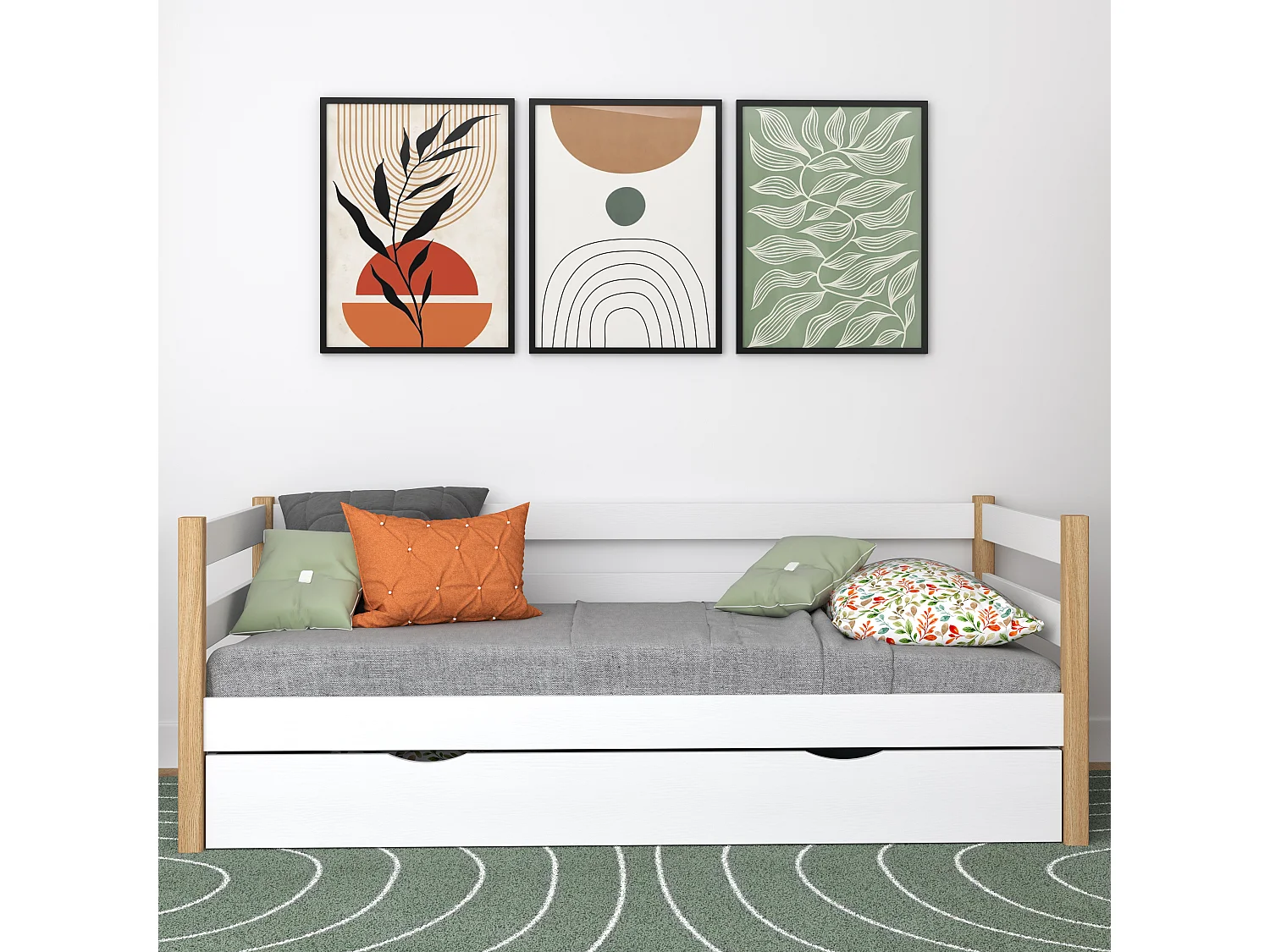 Lit banquette en bois - avec tiroir N01 Blanc / Chêne Naturel 90x190