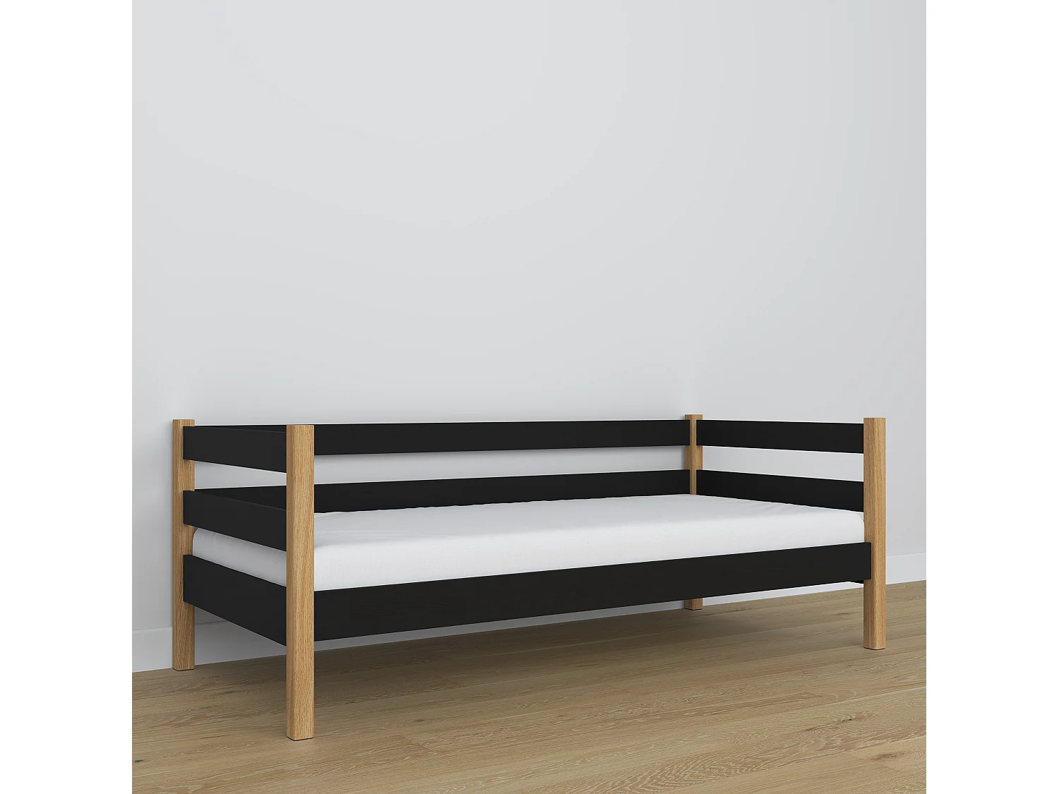 Lit banquette en bois N01 Noir / Chêne Naturel 90x190