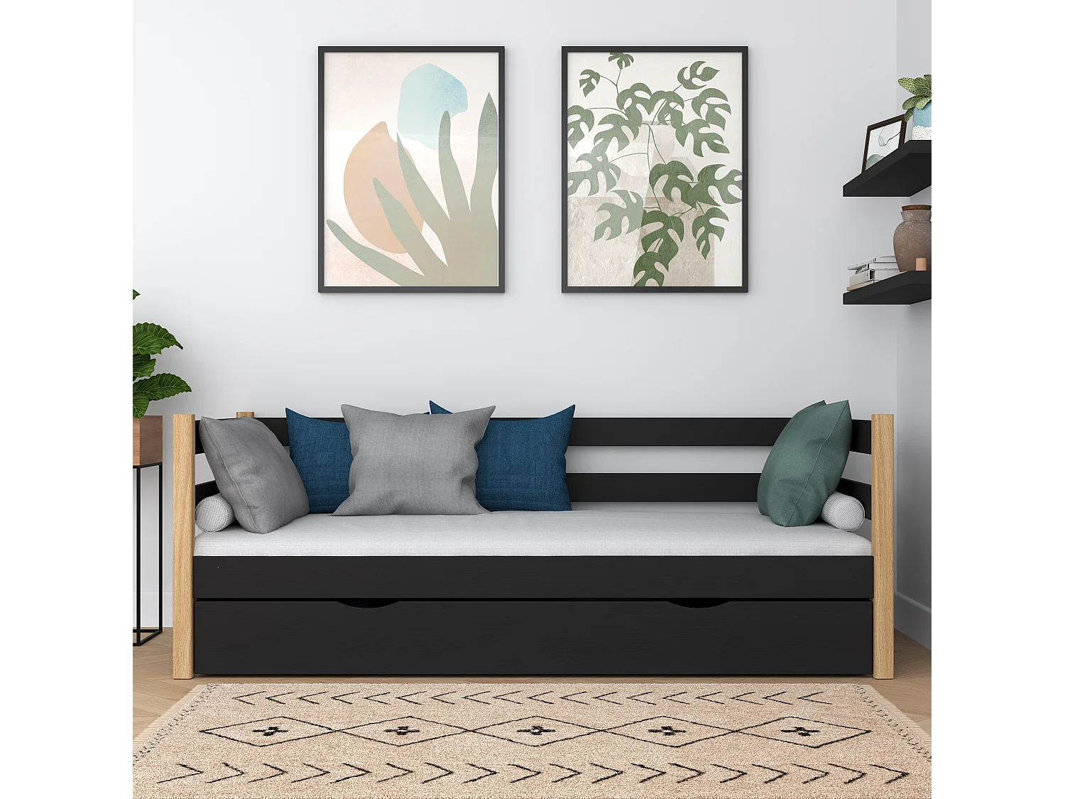 Lit banquette en bois - avec tiroir N01 Noir / Chêne Naturel 120x180