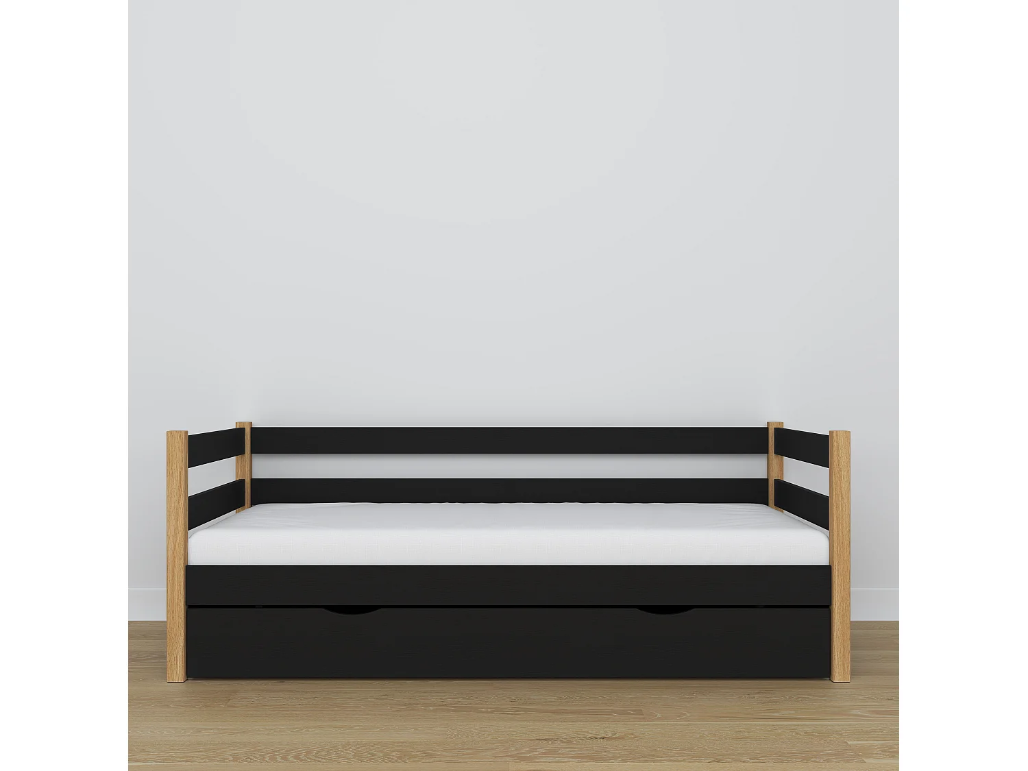 Lit banquette en bois - avec tiroir N01 Noir / Chêne Naturel 120x180