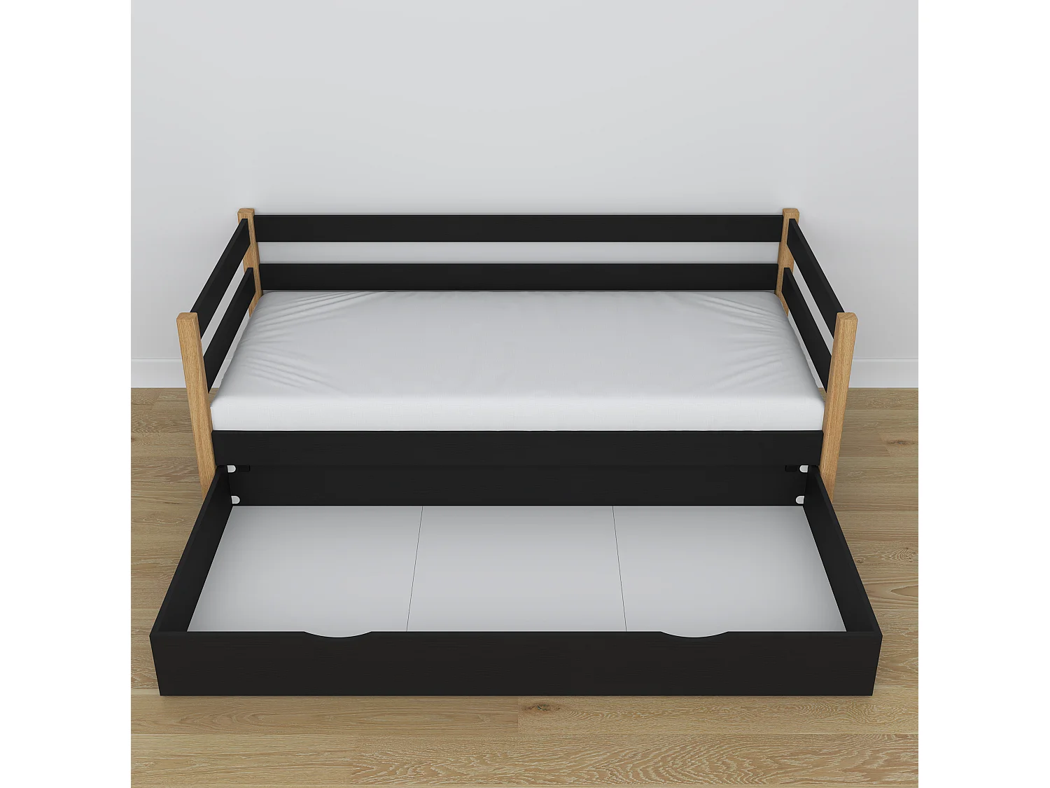 TAGESBETT mit Schublade N01 Schwarz / Eiche Natur 90x200