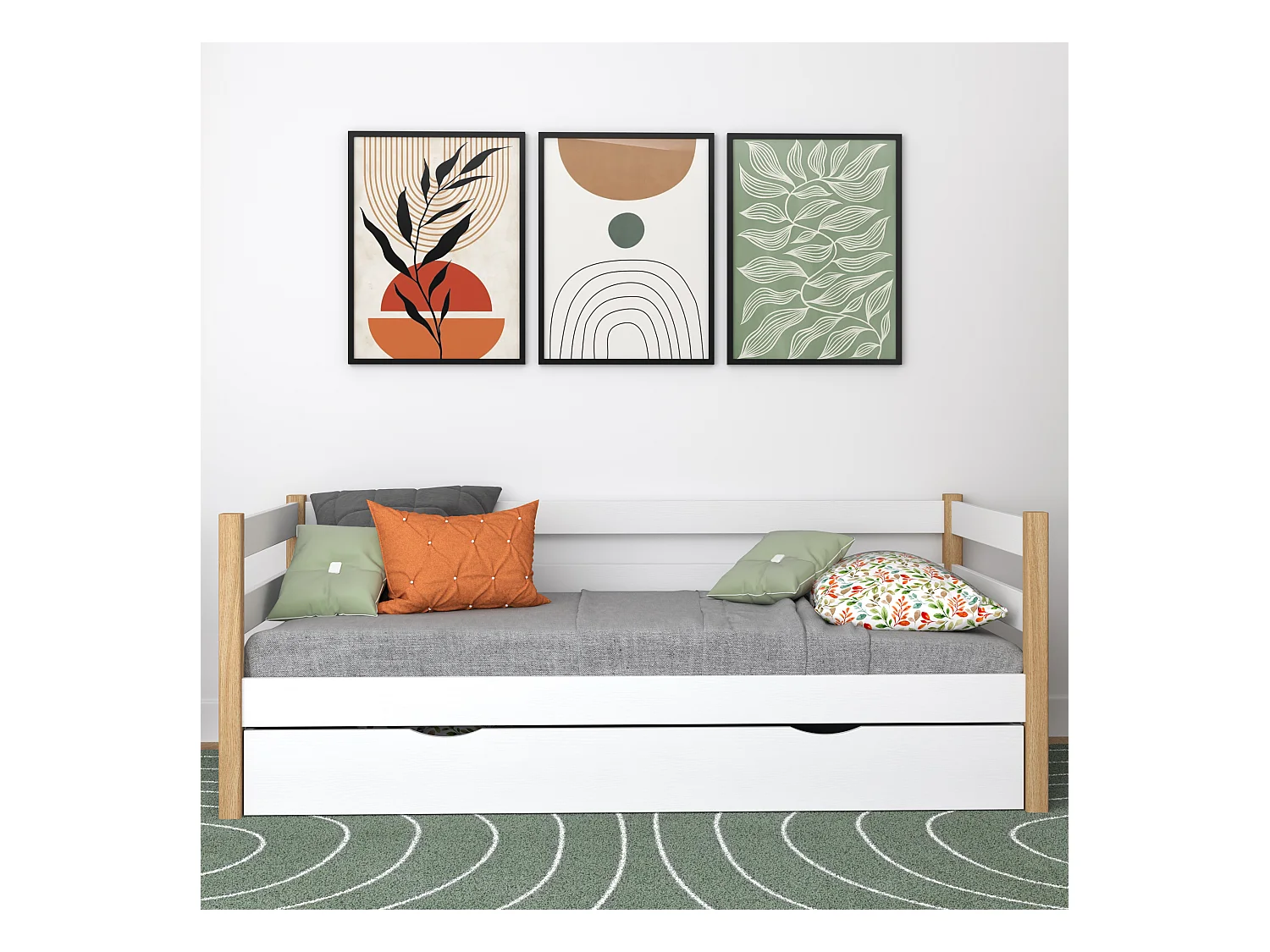 Lit banquette en bois - avec tiroir N01 Blanc / Chêne Naturel 120x180