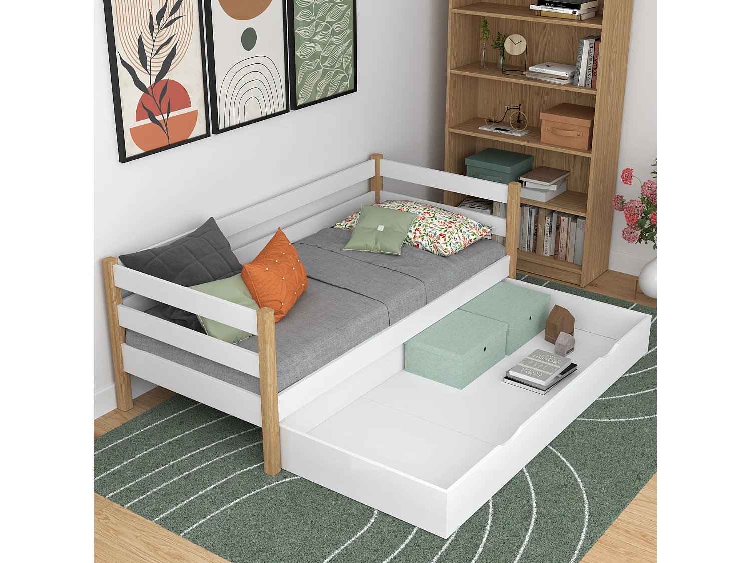 Lit banquette en bois - avec tiroir N01 Blanc / Chêne Naturel 120x180