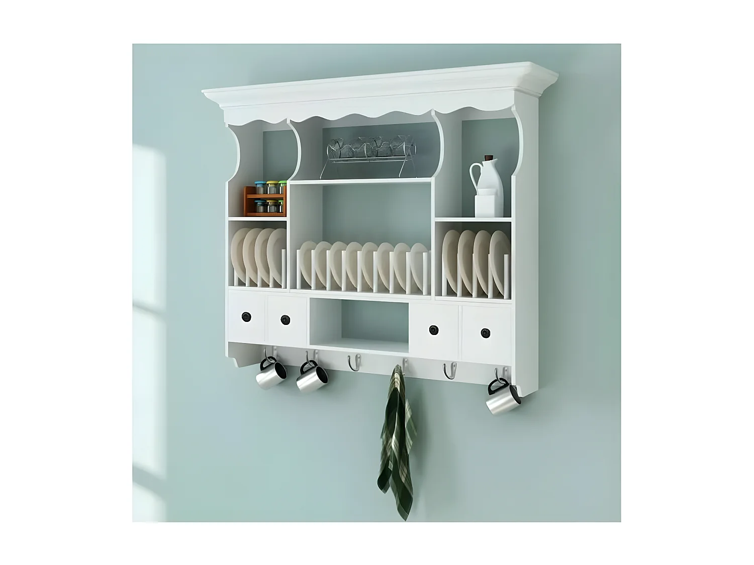 Etagère murale de cuisine murale 4 tiroirs 4 étagères bois blanc Kapci