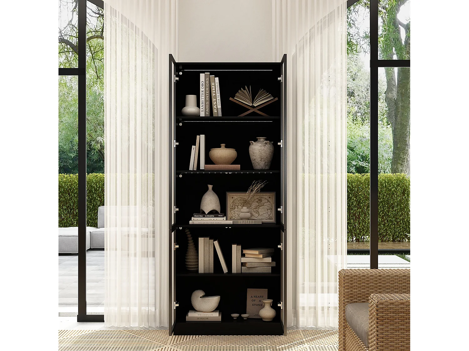 Vitrine en verre avec LED 2 portes en verre trempé Bibliothèque Buffet de cuisine 6 étagères Noir 50x23x175.5cm