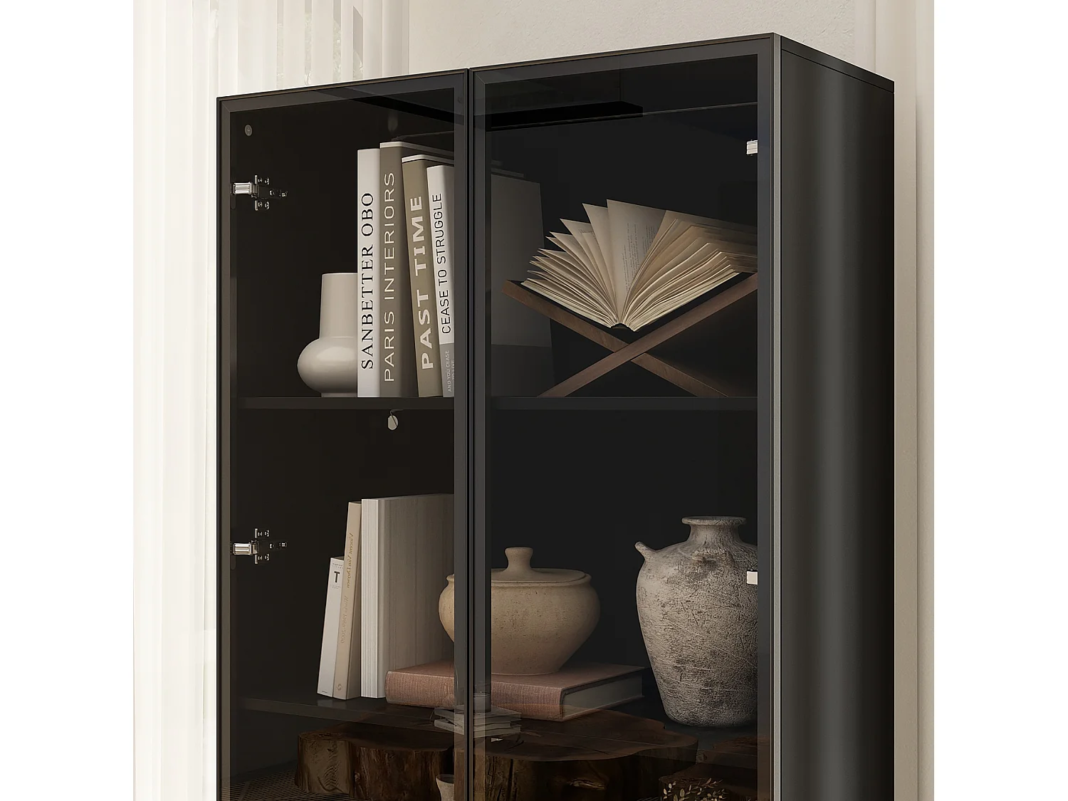 Vitrine en verre avec LED 2 portes en verre trempé Bibliothèque Buffet de cuisine 6 étagères Noir 50x23x175.5cm