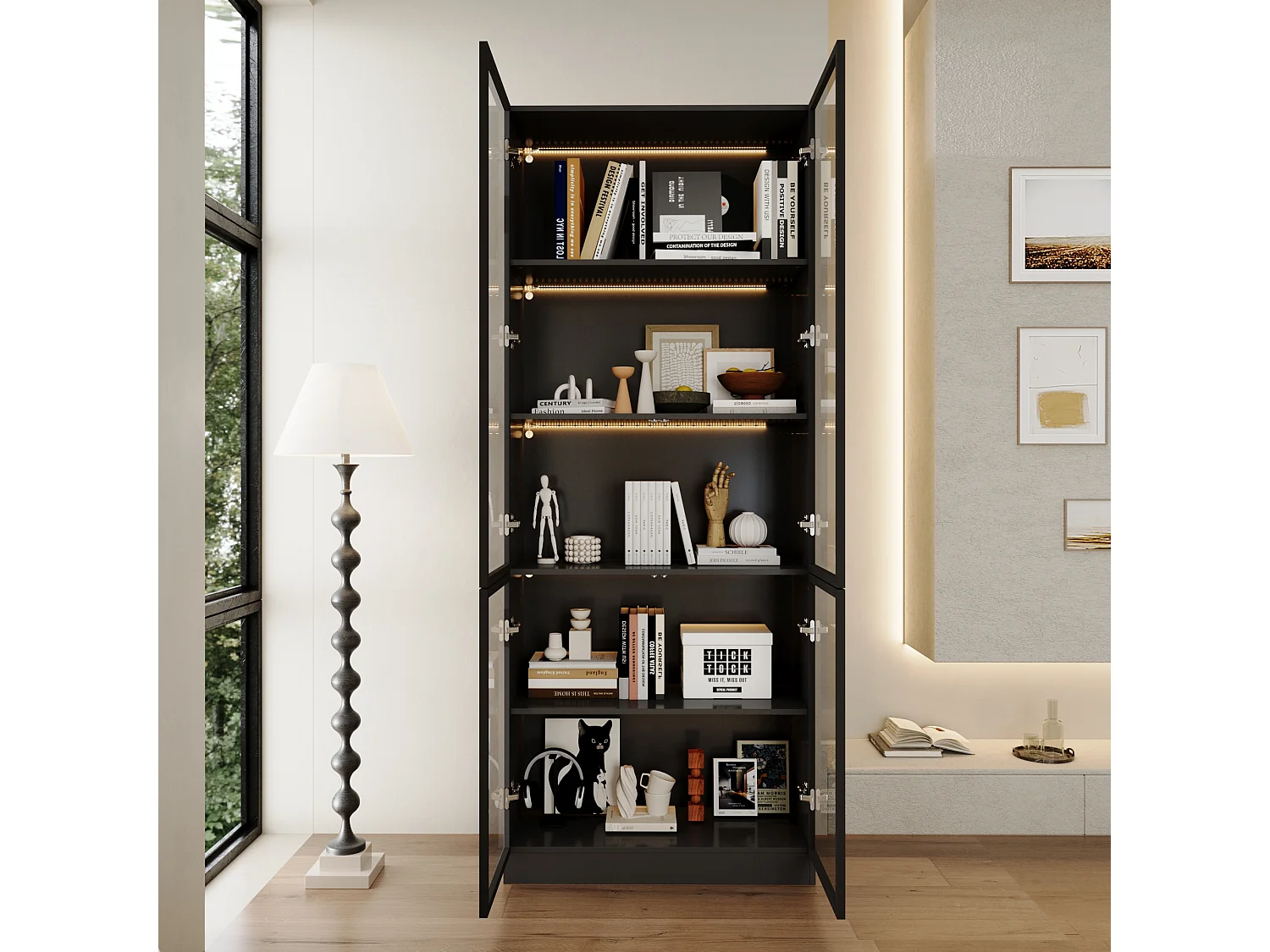 Vitrine avec LED 3 couleurs - 2 portes et à 5 niveaux - push to open, 80x36x200cm, Noir